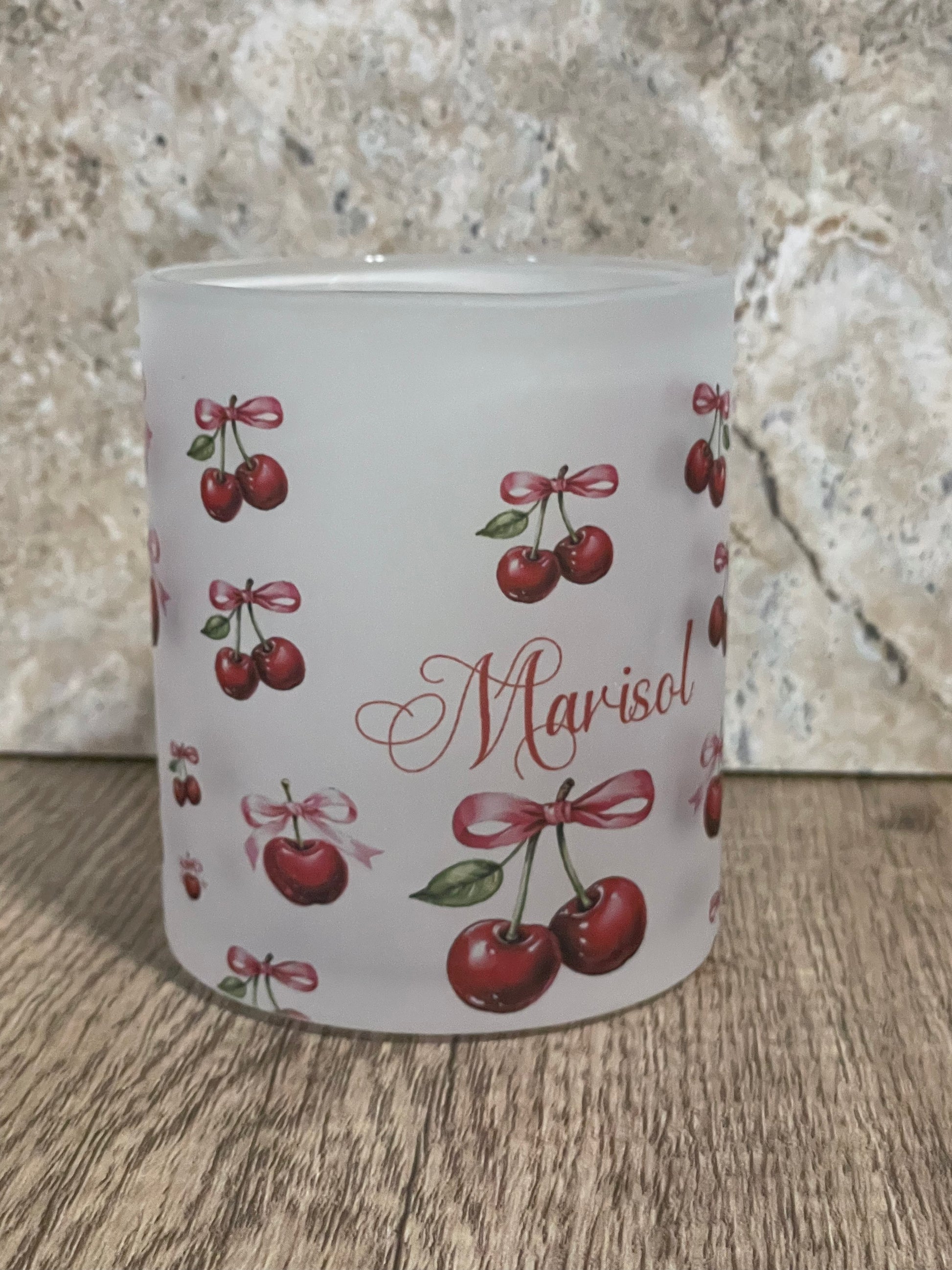 Personalized 12 oz Frosted Cup Cherry & Pink Bow Design - Custom Name Perfect for Gifts, Parties, & Everyday Use - Cute & Stylish Drinkware - MRSBYVALLE