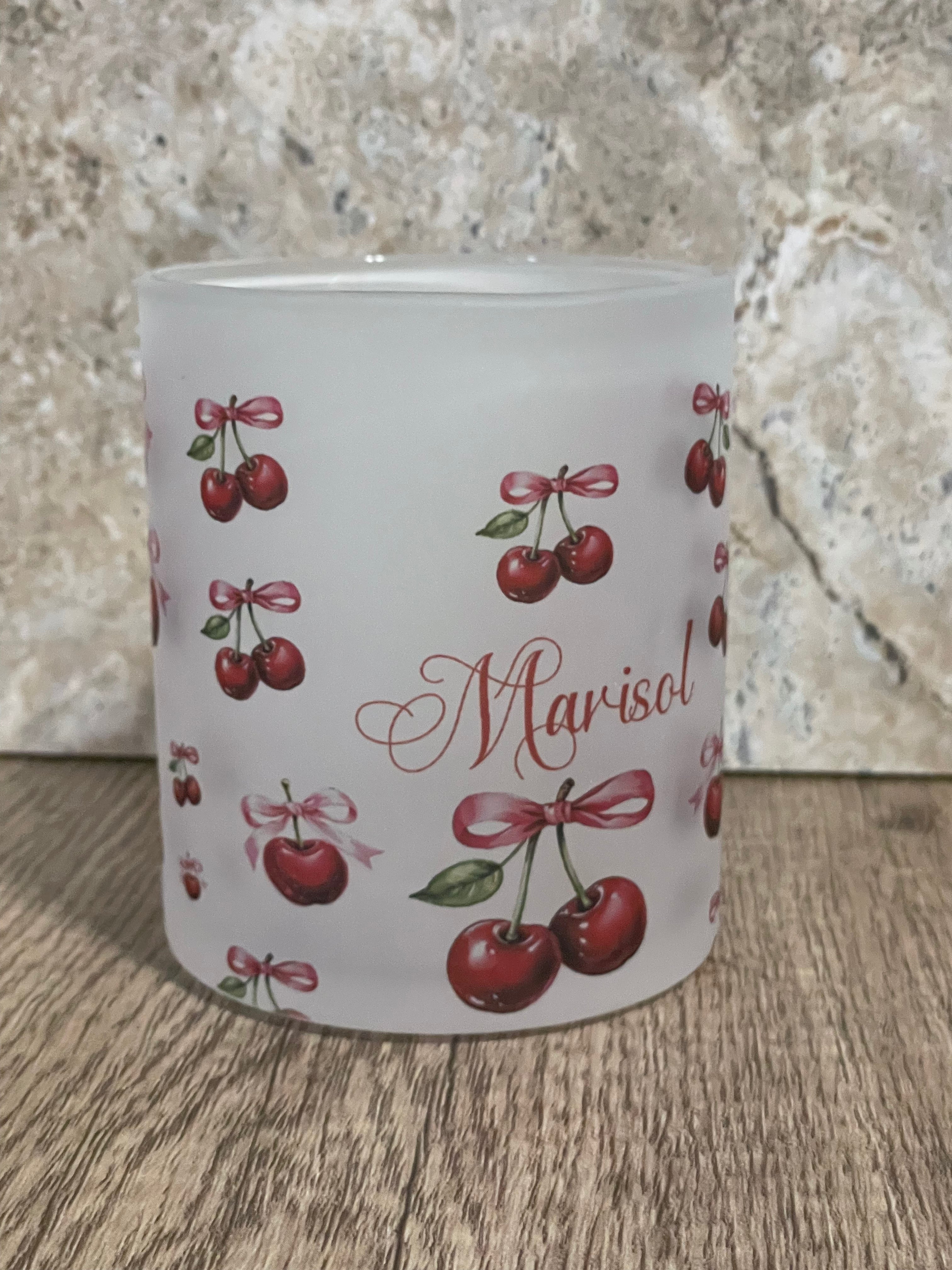 Personalized 12 oz Frosted Cup Cherry & Pink Bow Design - Custom Name Perfect for Gifts, Parties, & Everyday Use - Cute & Stylish Drinkware - MRSBYVALLE
