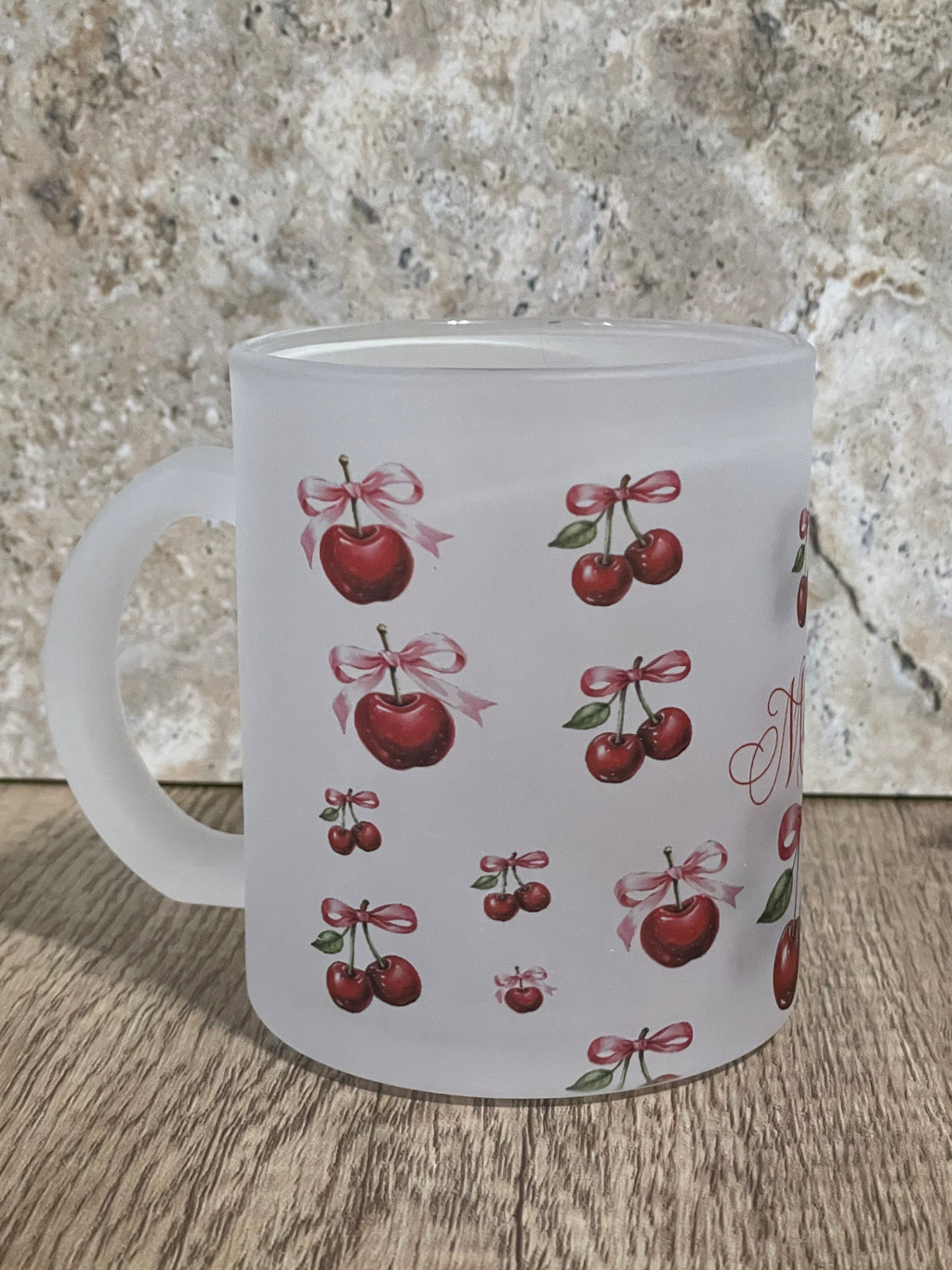 Personalized 12 oz Frosted Cup Cherry & Pink Bow Design - Custom Name Perfect for Gifts, Parties, & Everyday Use - Cute & Stylish Drinkware - MRSBYVALLE