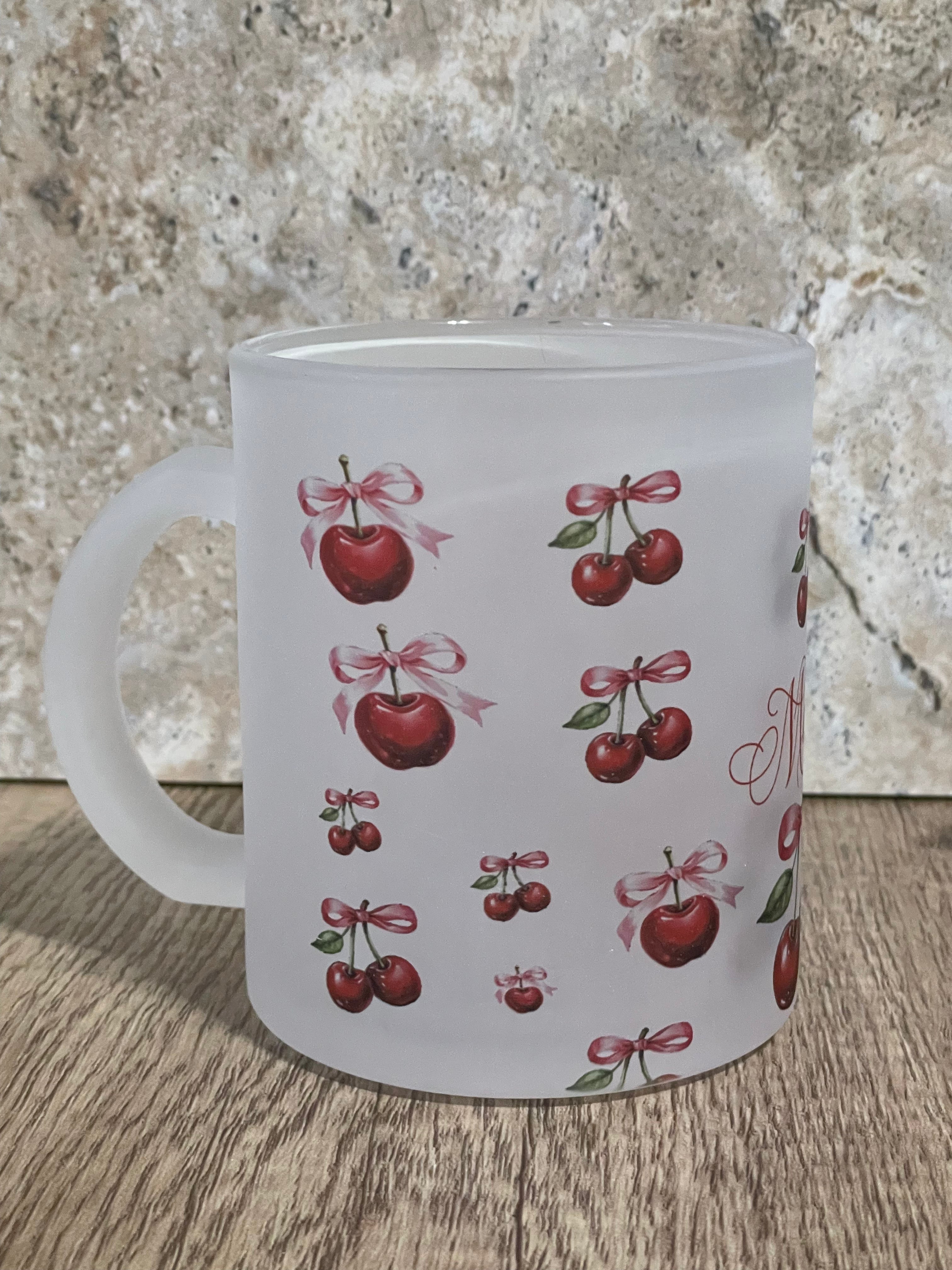 Personalized 12 oz Frosted Cup Cherry & Pink Bow Design - Custom Name Perfect for Gifts, Parties, & Everyday Use - Cute & Stylish Drinkware - MRSBYVALLE
