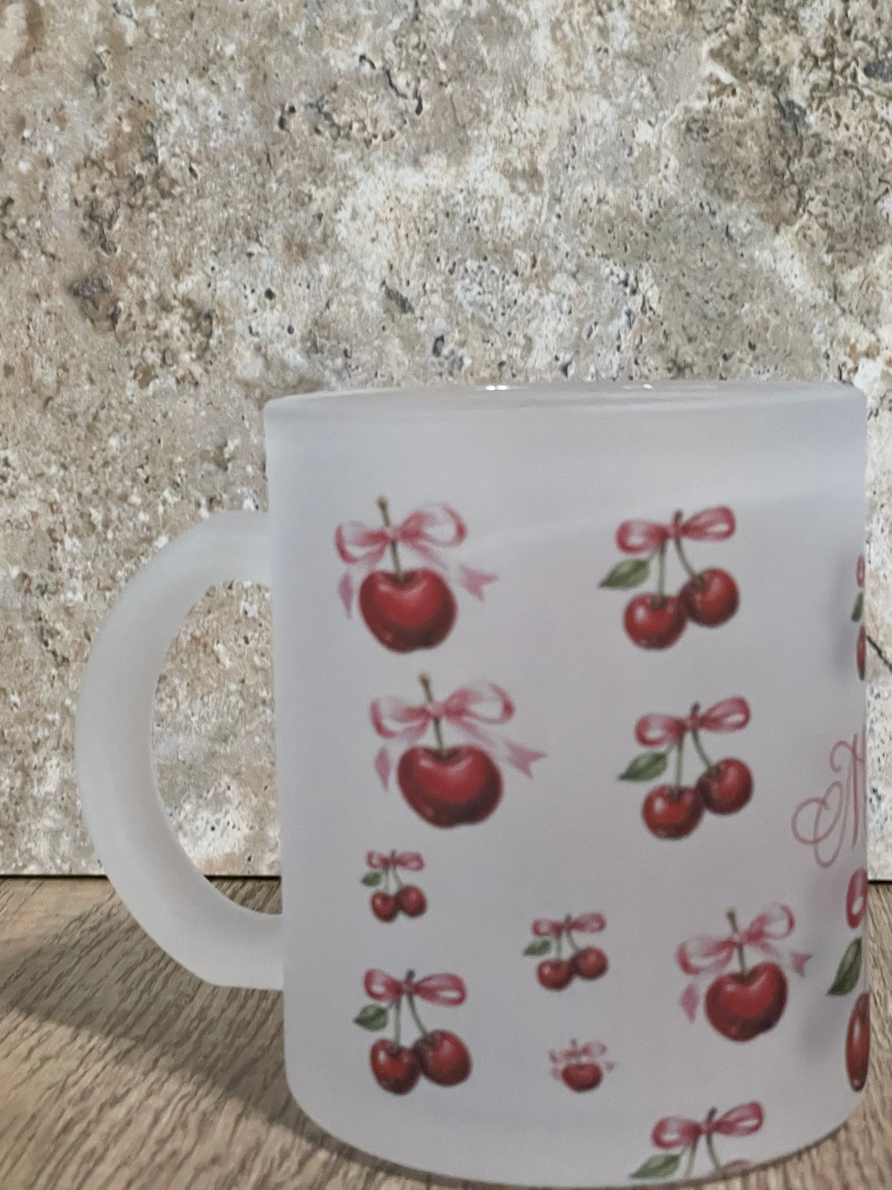 Personalized 12 oz Frosted Cup Cherry & Pink Bow Design - Custom Name Perfect for Gifts, Parties, & Everyday Use - Cute & Stylish Drinkware - MRSBYVALLE