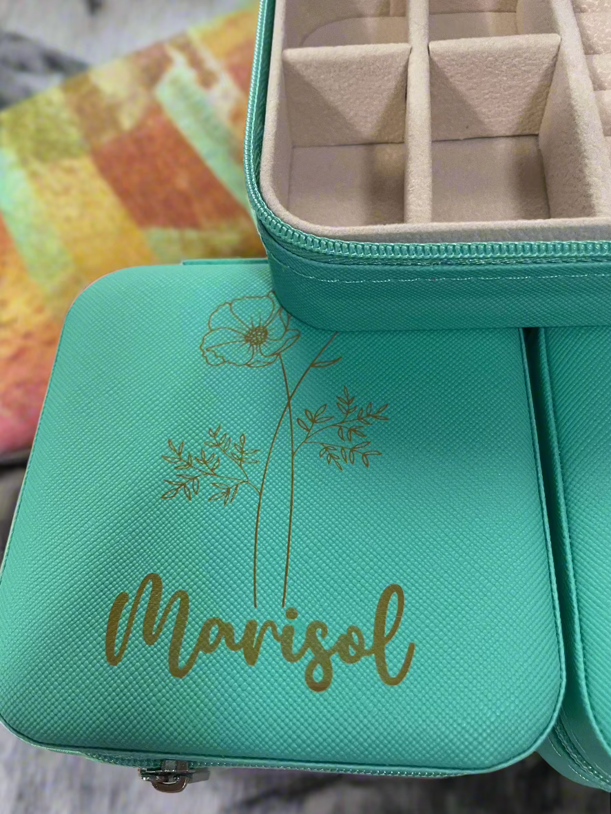 Birth Flower and Name Custom Laser-Engraved Travel Jewelry Box - Compact Square Earring Organizer, Ideal Bridesmaid Gifts for Sister or Friend - MRSBYVALLE