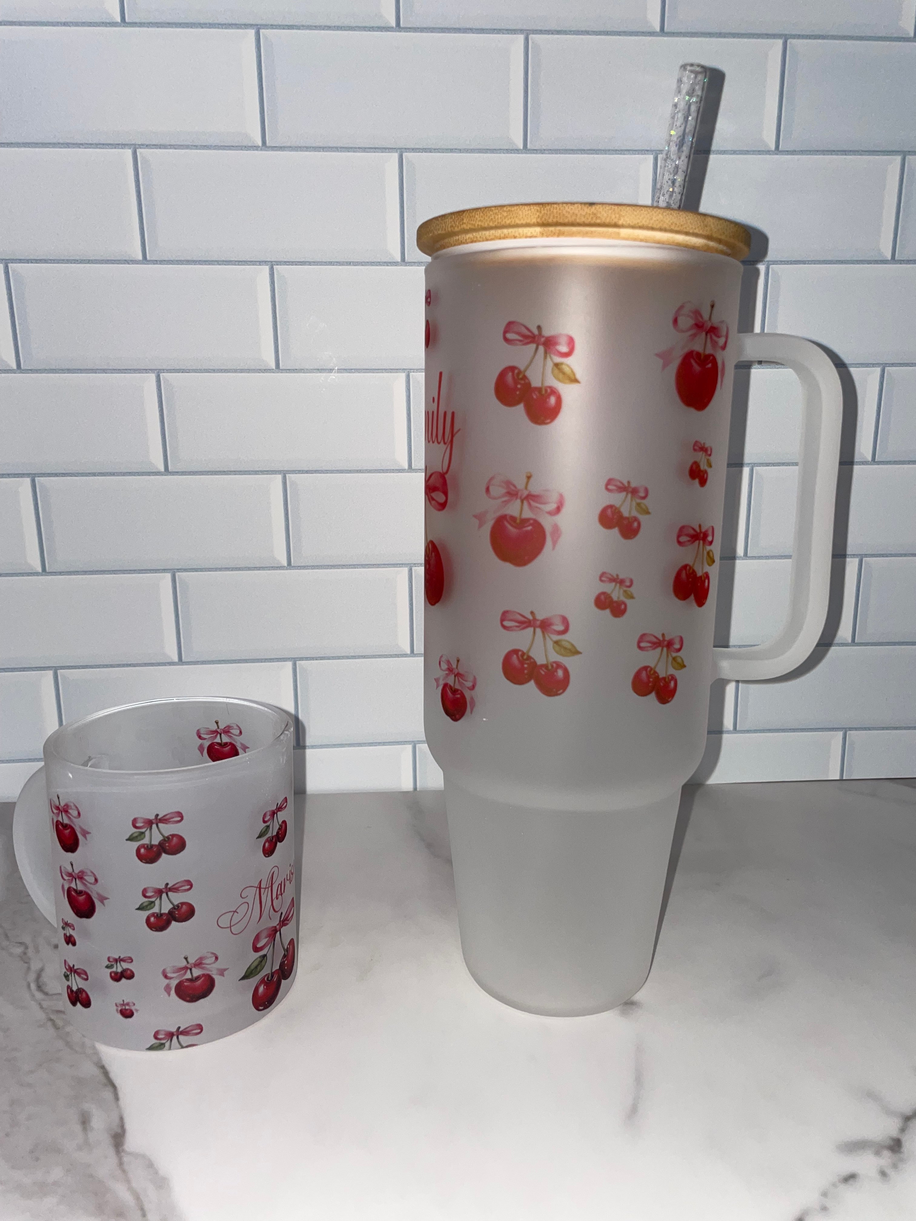 Personalized 12 oz Frosted Cup Cherry & Pink Bow Design - Custom Name Perfect for Gifts, Parties, & Everyday Use - Cute & Stylish Drinkware - MRSBYVALLE