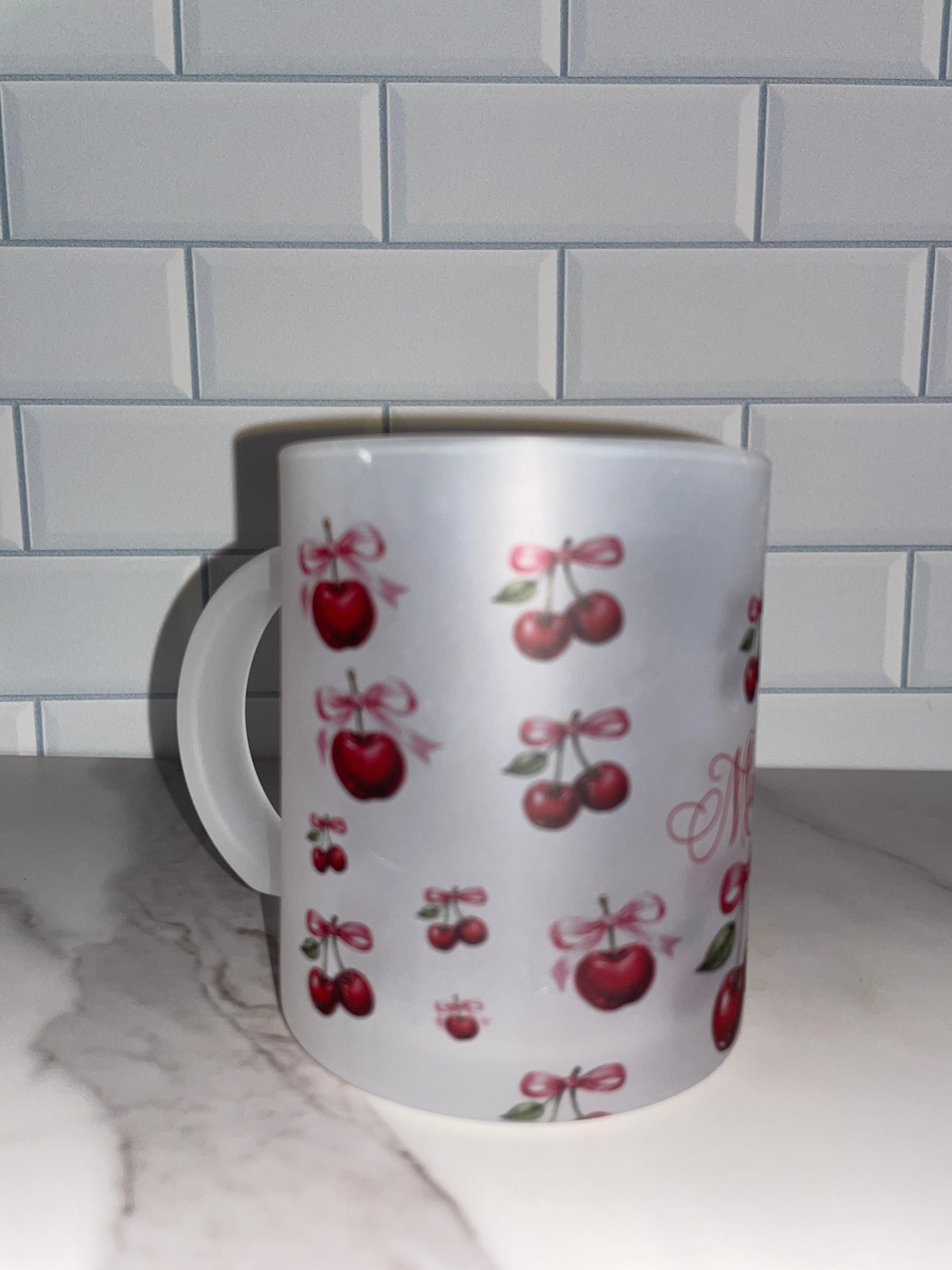Personalized 12 oz Frosted Cup Cherry & Pink Bow Design - Custom Name Perfect for Gifts, Parties, & Everyday Use - Cute & Stylish Drinkware - MRSBYVALLE
