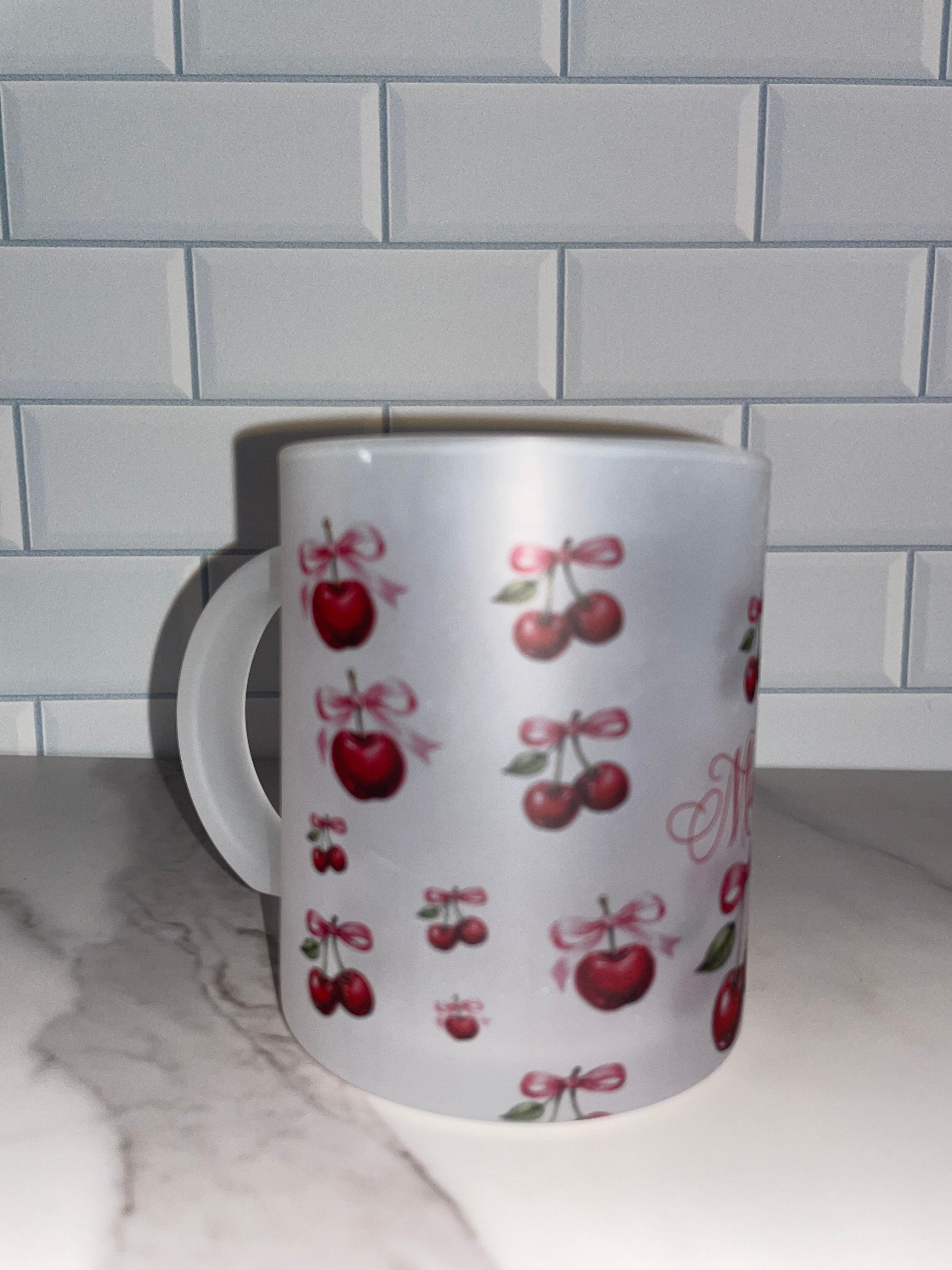 Personalized 12 oz Frosted Cup Cherry & Pink Bow Design - Custom Name Perfect for Gifts, Parties, & Everyday Use - Cute & Stylish Drinkware - MRSBYVALLE