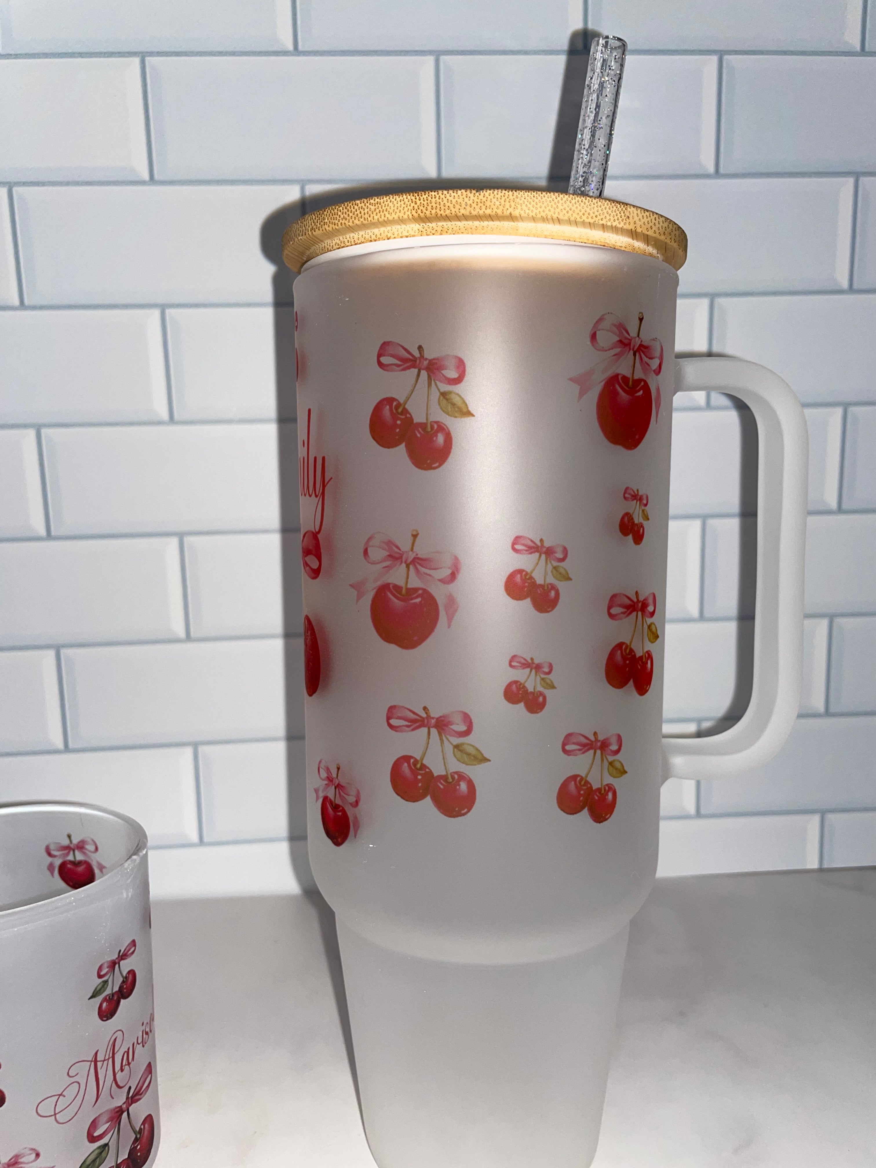 Personalized 40oz Frosted Cup with Lid & Straw - Cherry & Pink Bow Design - Custom Name  Perfect for Gifts, Parties, & Everyday Use - Cute & Stylish Drinkware - MRSBYVALLE