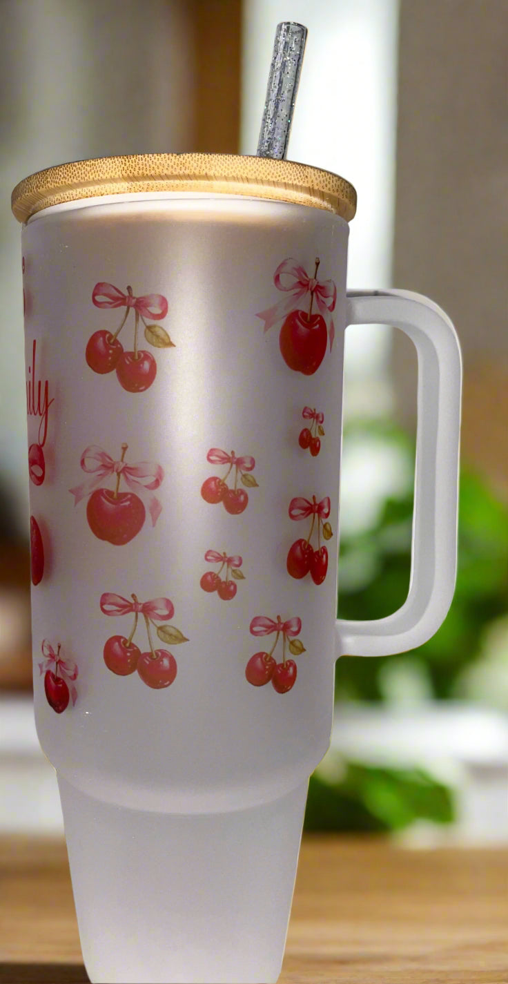 Personalized 40oz Frosted Cup with Lid & Straw - Cherry & Pink Bow Design - Custom Name  Perfect for Gifts, Parties, & Everyday Use - Cute & Stylish Drinkware - MRSBYVALLE