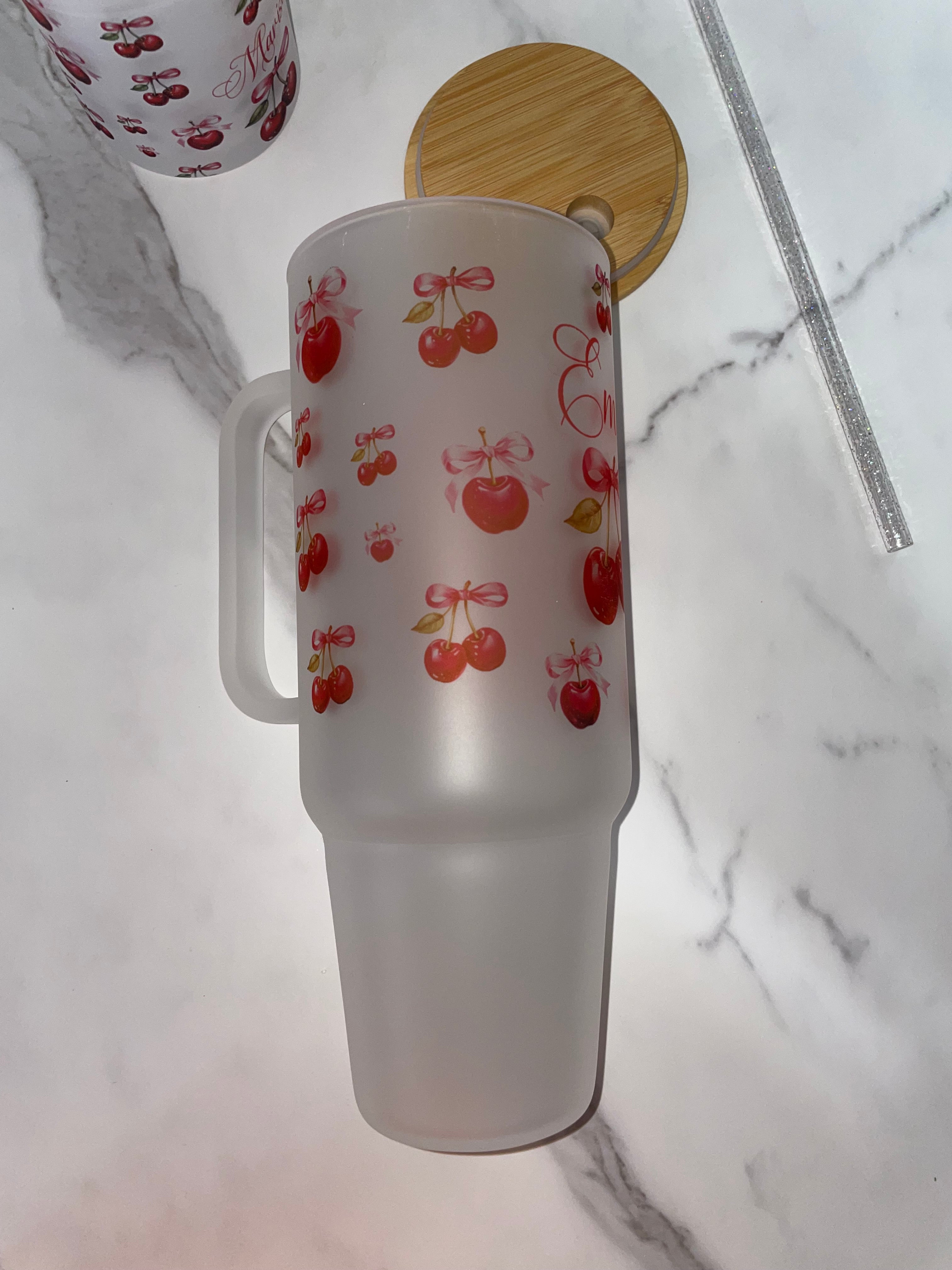 Personalized 40oz Frosted Cup with Lid & Straw - Cherry & Pink Bow Design - Custom Name  Perfect for Gifts, Parties, & Everyday Use - Cute & Stylish Drinkware - MRSBYVALLE