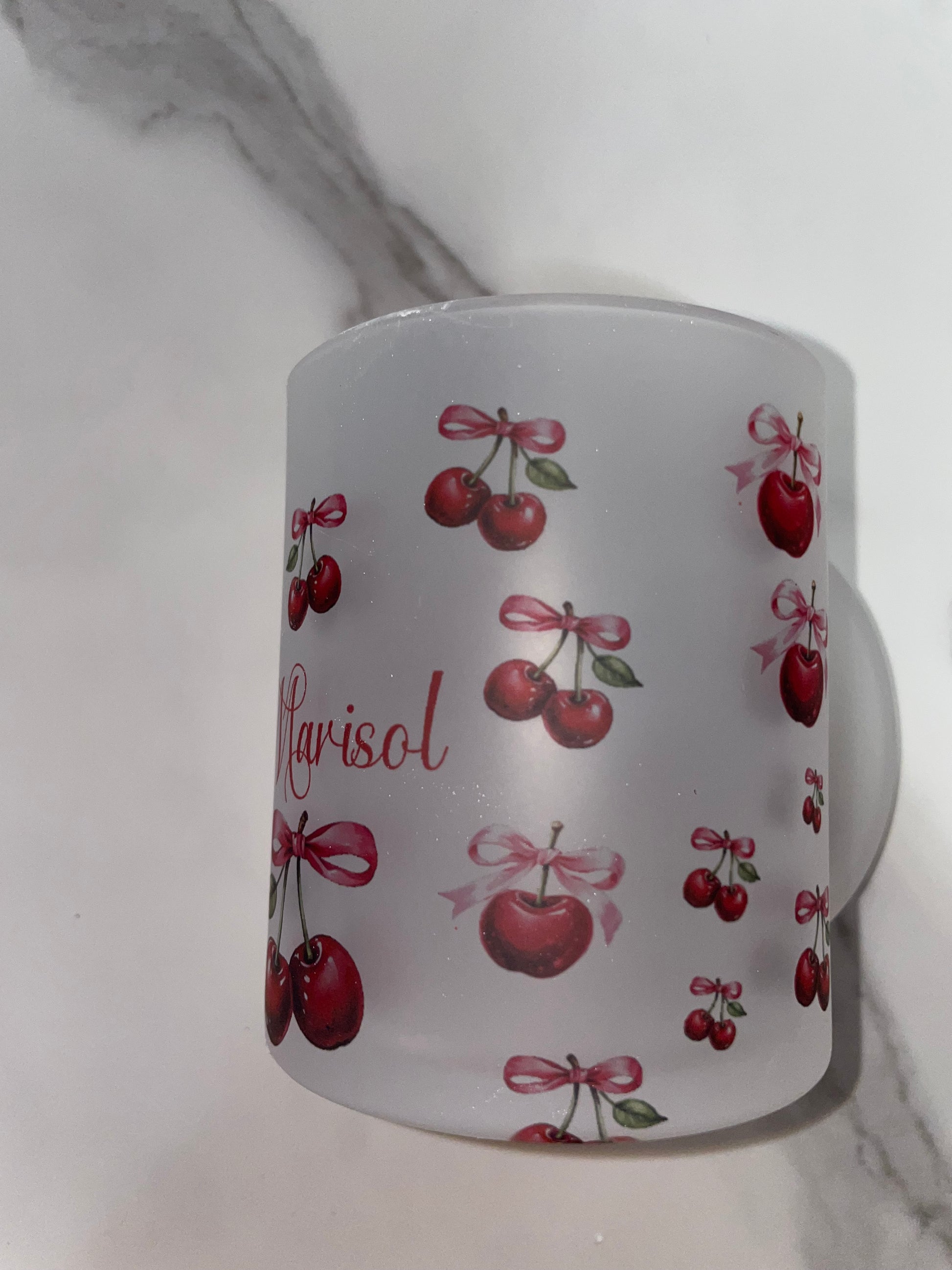 Personalized 12 oz Frosted Cup Cherry & Pink Bow Design - Custom Name Perfect for Gifts, Parties, & Everyday Use - Cute & Stylish Drinkware - MRSBYVALLE