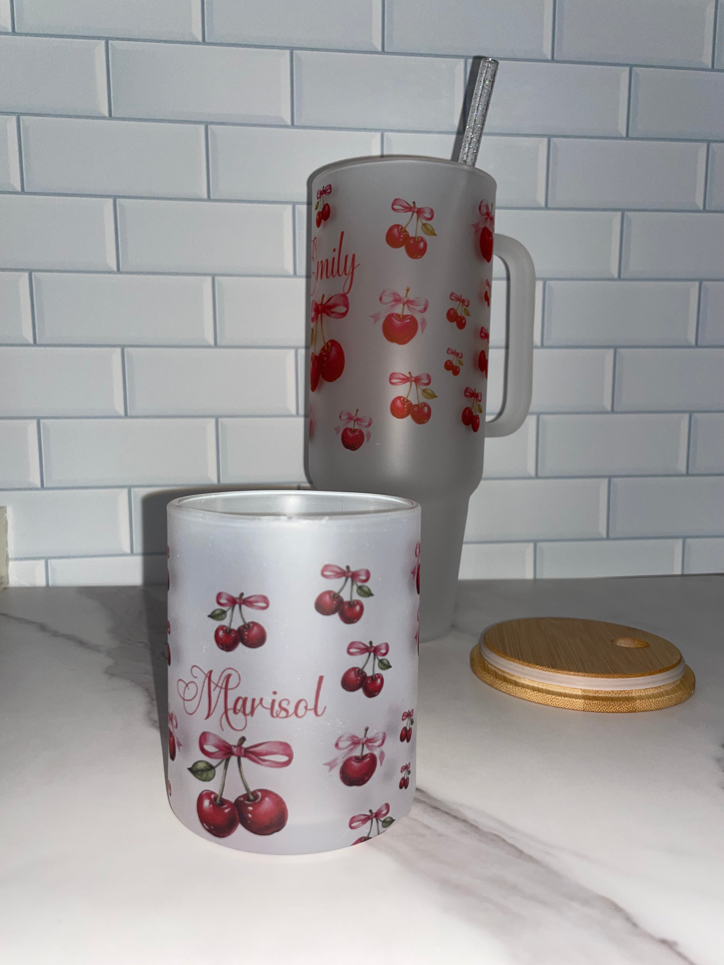 40 oz Cherries and pink bow frosted cup
