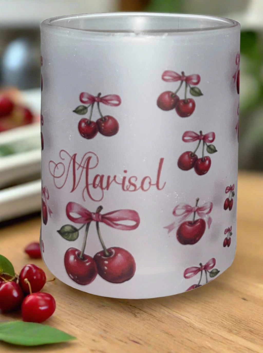 40 oz Cherries and pink bow frosted cup