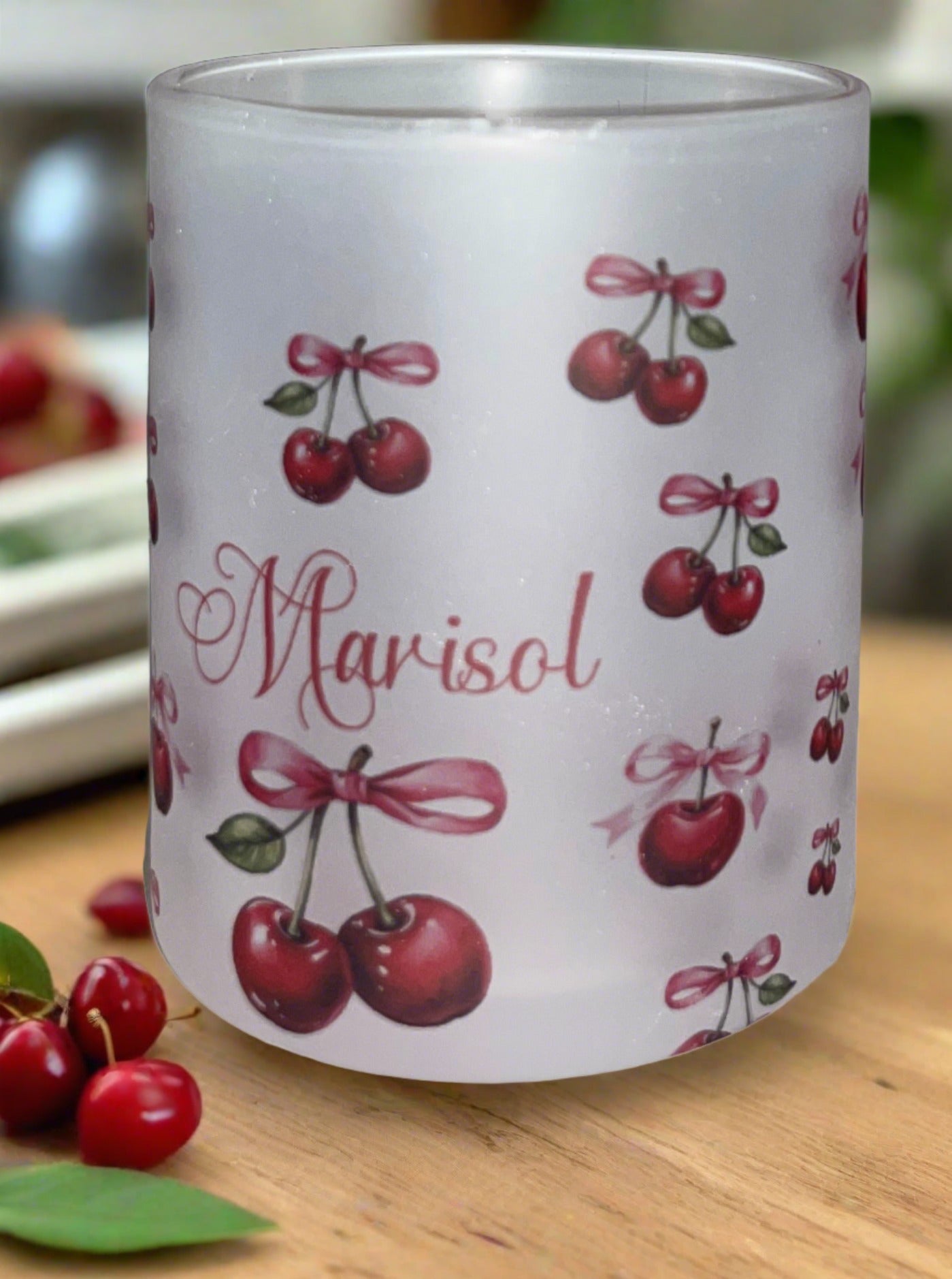 40 oz Cherries and pink bow frosted cup