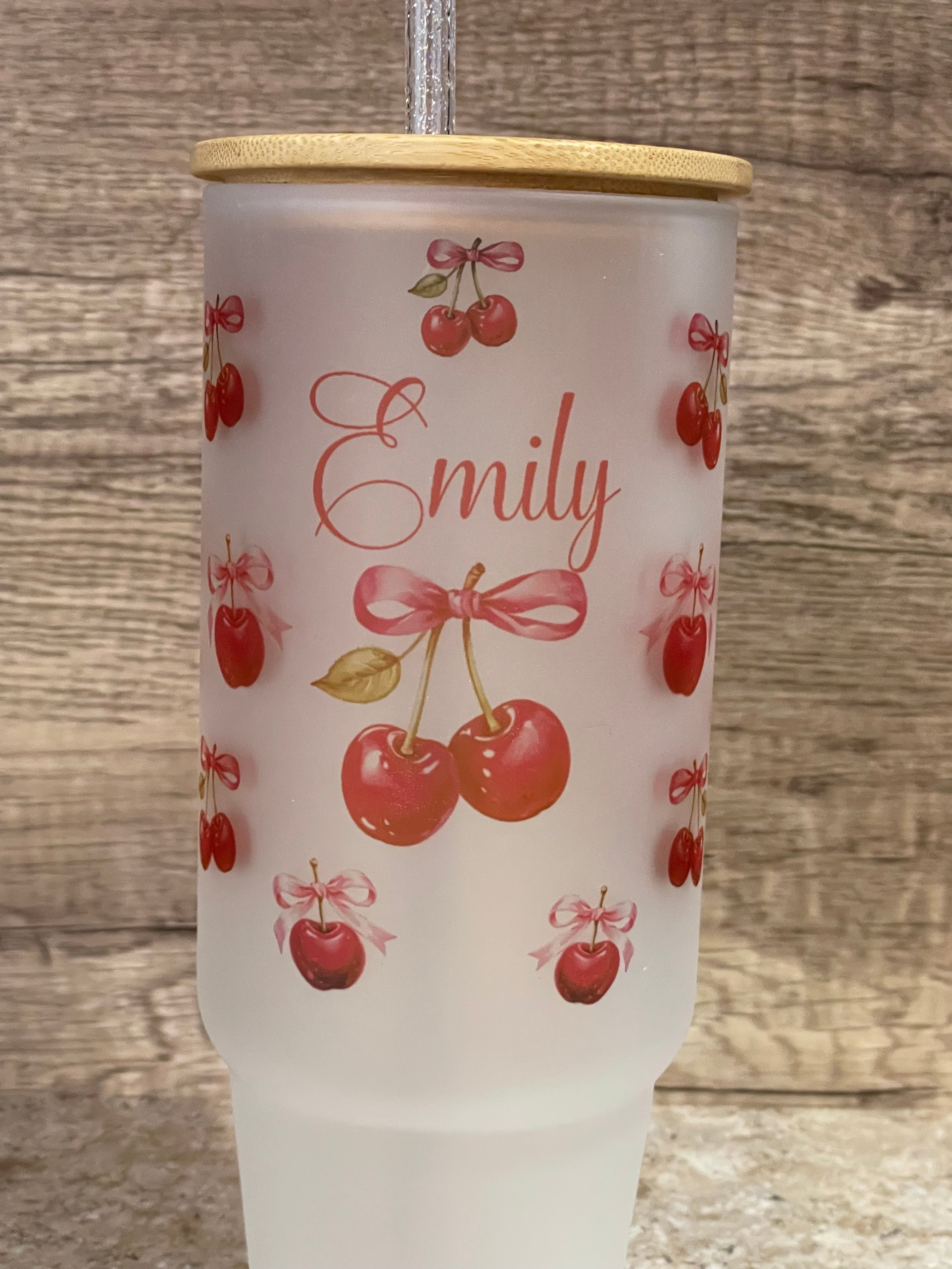 Personalized 40oz Frosted Cup with Lid & Straw - Cherry & Pink Bow Design - Custom Name  Perfect for Gifts, Parties, & Everyday Use - Cute & Stylish Drinkware - MRSBYVALLE