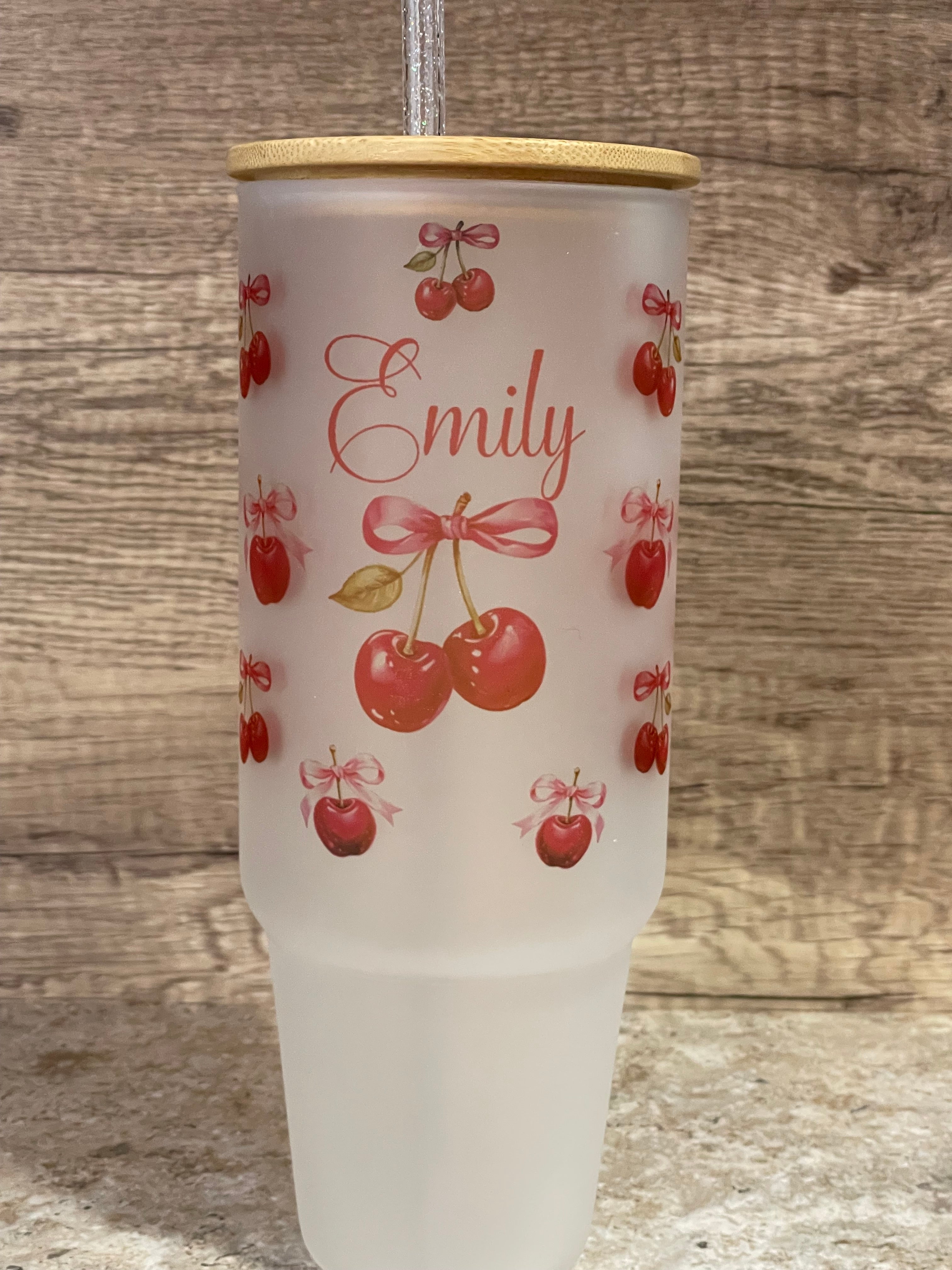 Personalized 40oz Frosted Cup with Lid & Straw - Cherry & Pink Bow Design - Custom Name  Perfect for Gifts, Parties, & Everyday Use - Cute & Stylish Drinkware - MRSBYVALLE