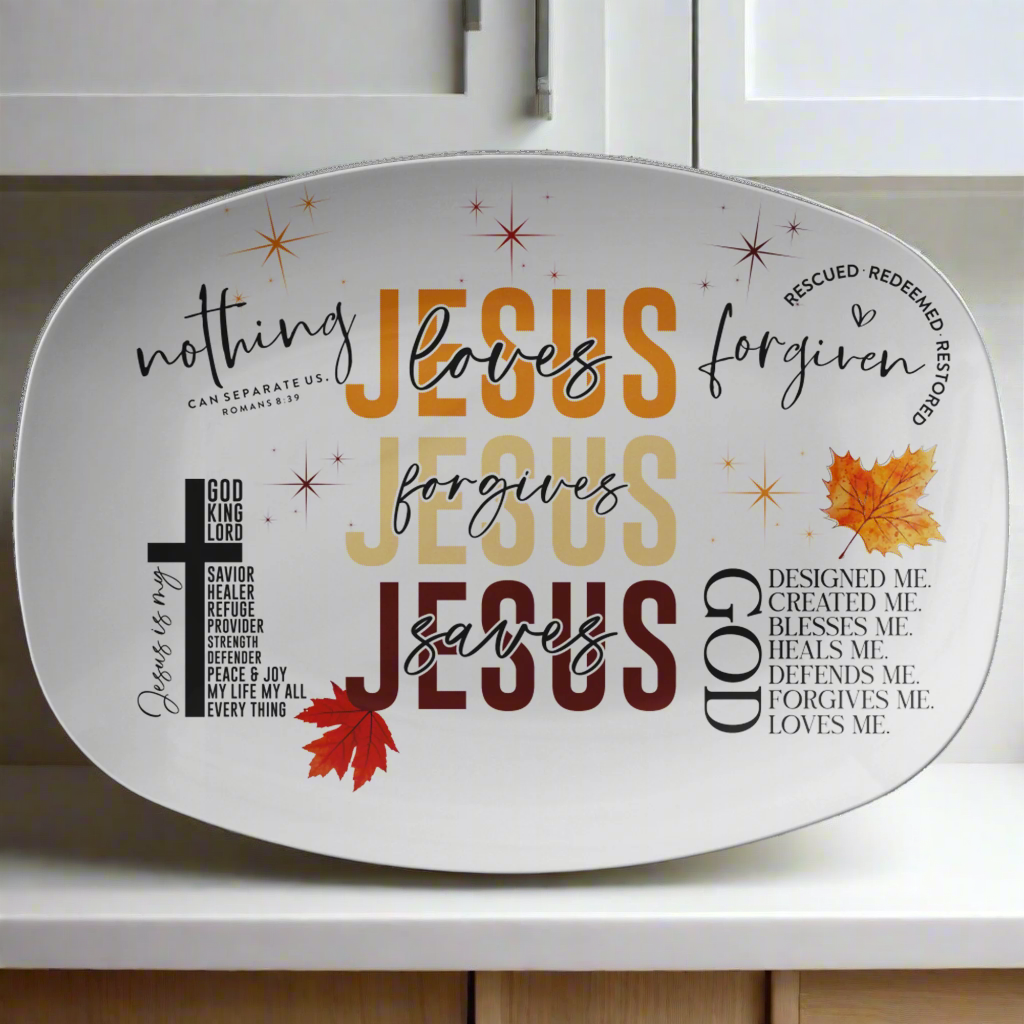 Oval-shaped sign with religious text and leaf designs on a white background