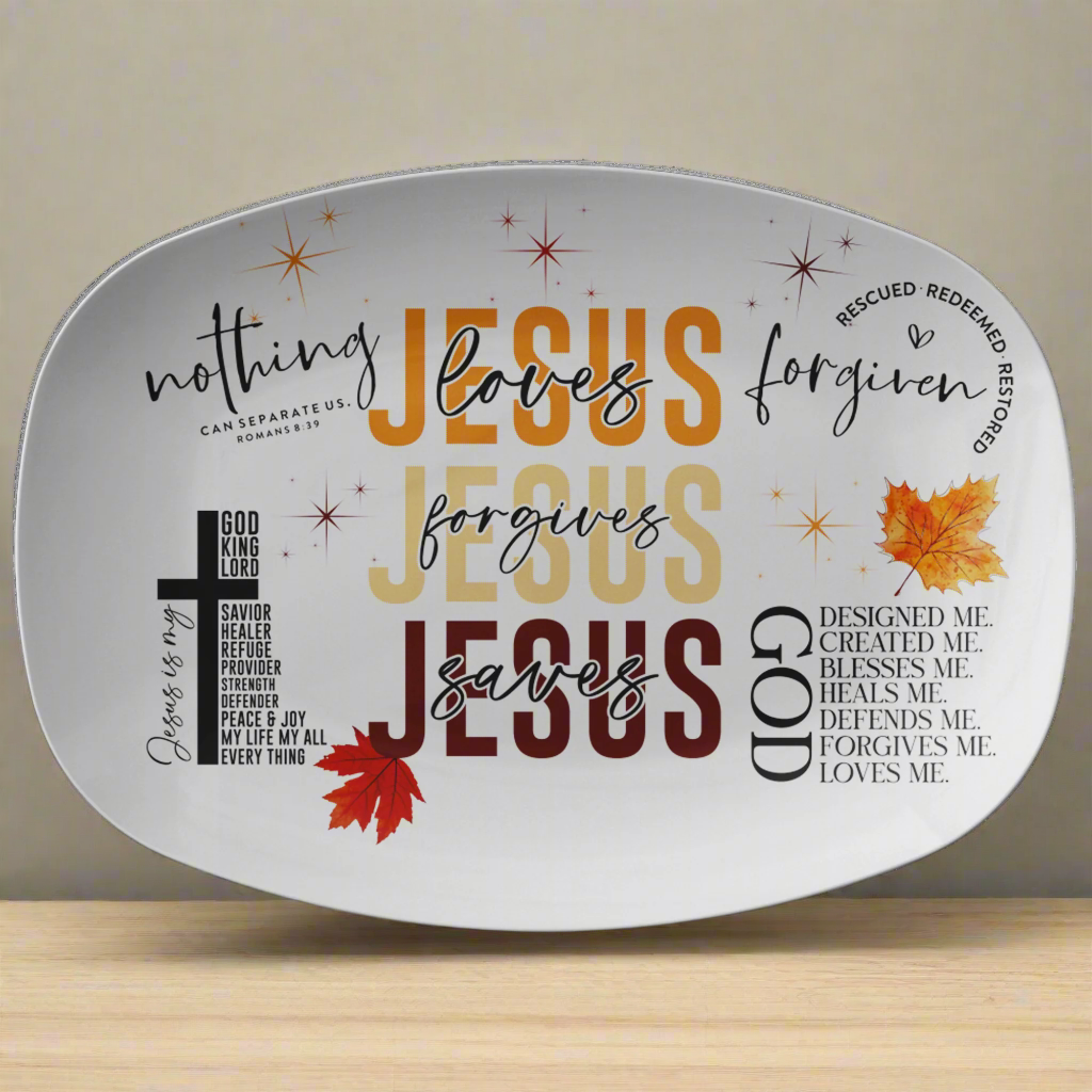 Oval-shaped sign with religious text and leaf designs on a white background