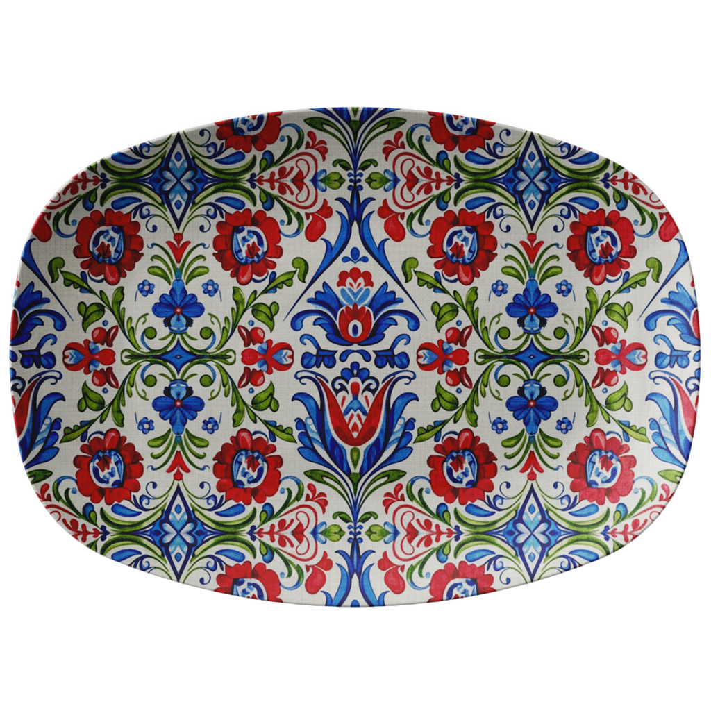 Kashubian Folk Art Polish Platter Handcrafted 10x14 Ceramic Serving Tray Traditional Floral Design