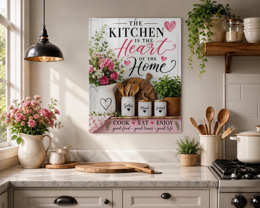 Seasoned with Love Kitchen Metal Wall Art | Farmhouse Kitchen Decor | Rustic Aluminum Wall Sign | Cook Eat Gather Home Decoration