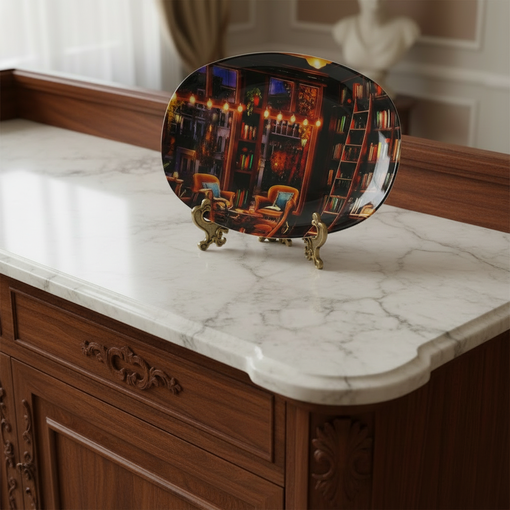 Decorative placemat with a cozy room design featuring bookshelves and armchairs.