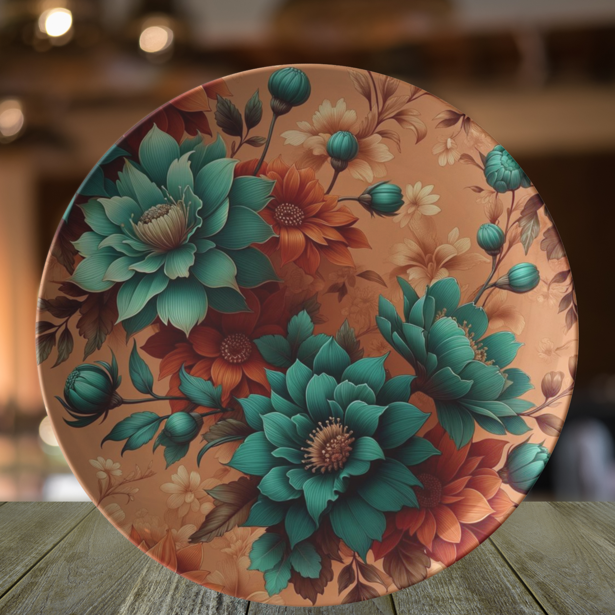 Aqua and Burnt Orange Floral Design 10-Inch Durable Plate for Dinner or Parties - MRSBYVALLE