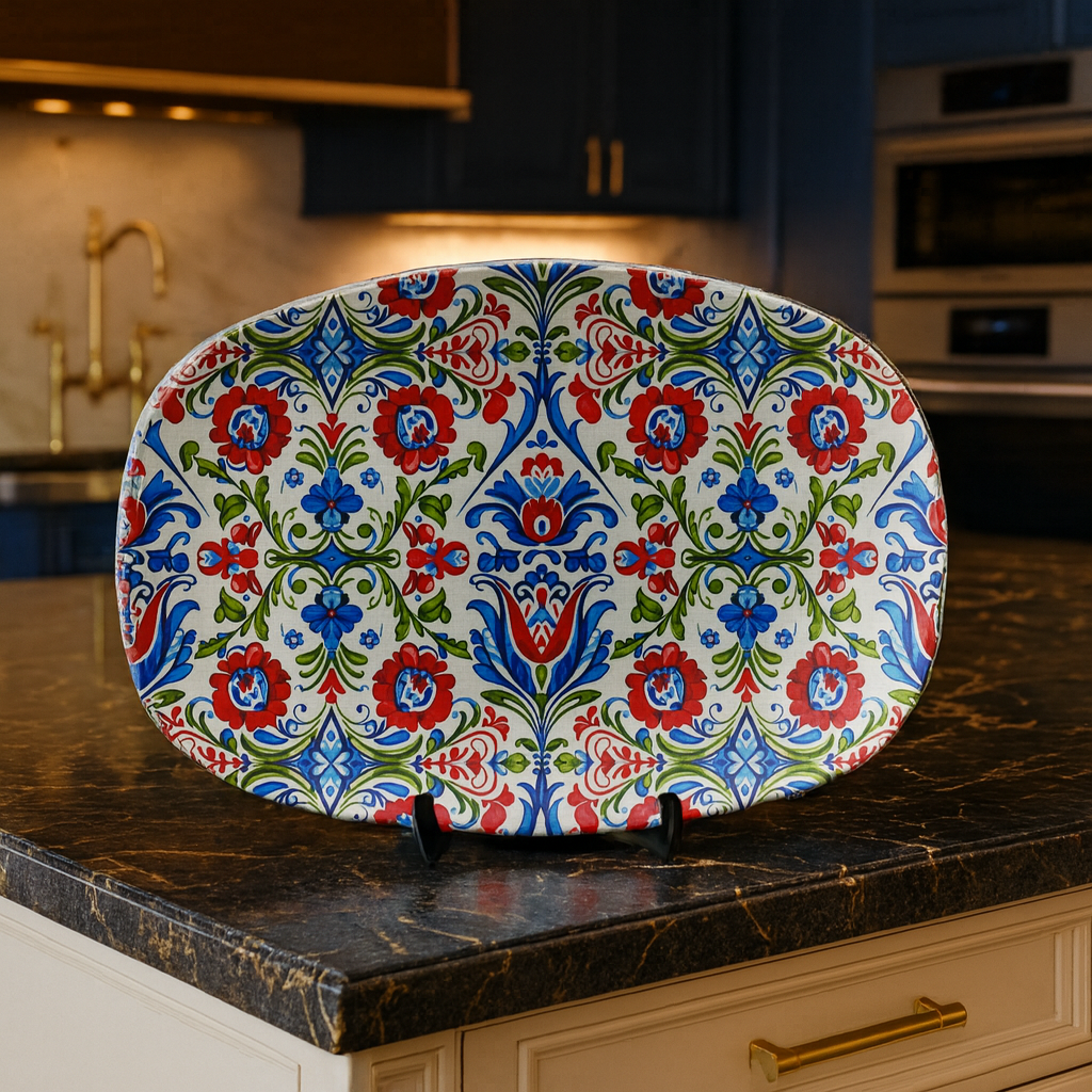 Kashubian Folk Art Polish Platter Handcrafted 10x14 Ceramic Serving Tray Traditional Floral Design