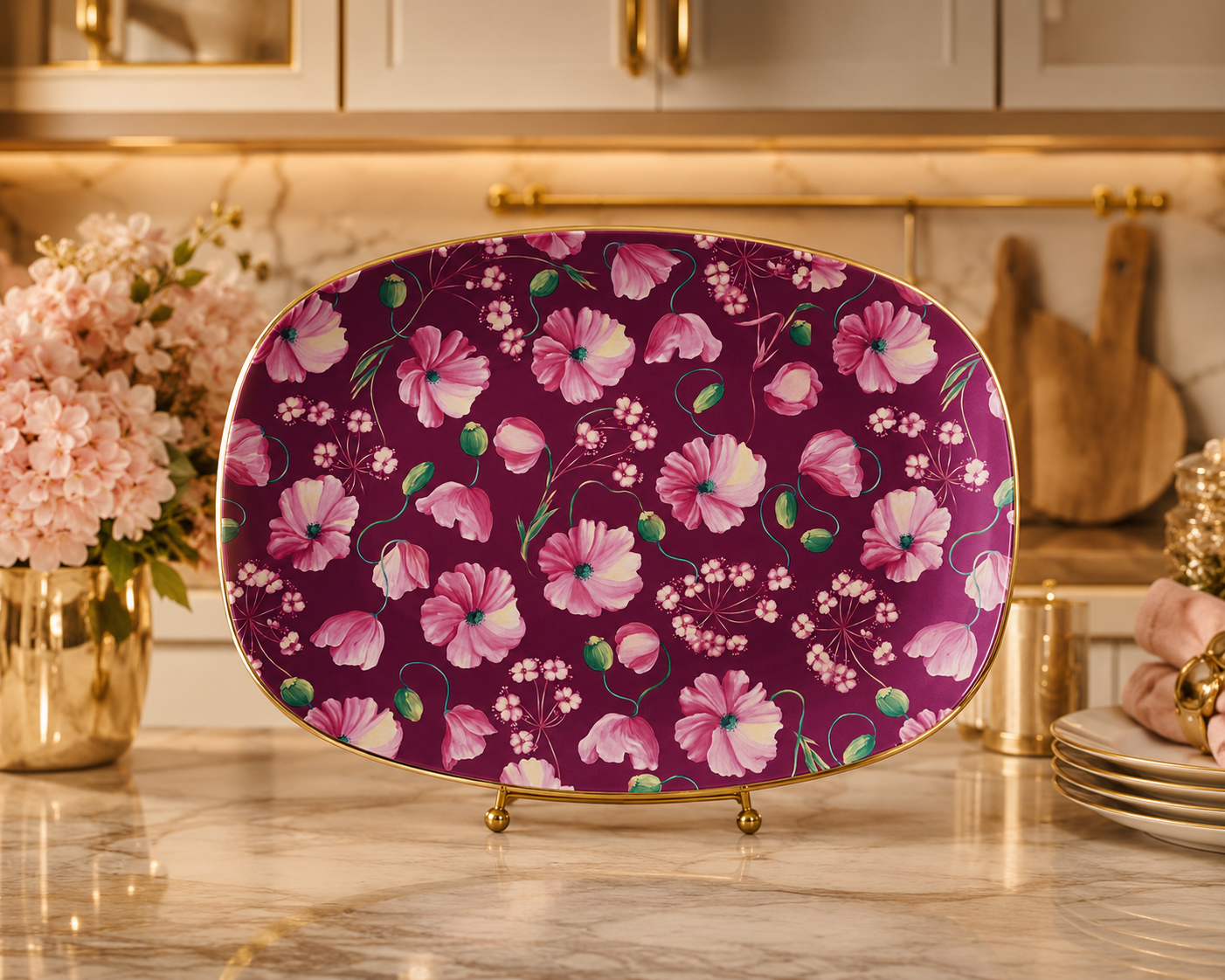 Luxury Wildflower Serving Platter | Elegant Pink Botanical Floral Platter Garden Party Hostess Gift Spring Table Decor