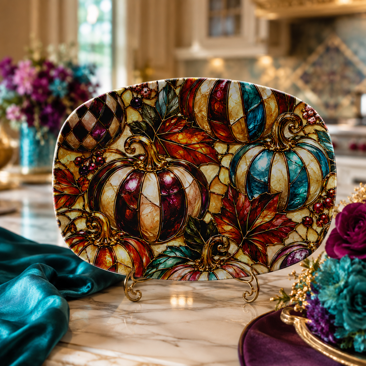 Faux Stained Glass Pumpkin Serving Platter, 10x14 Fall Thanksgiving & Autumn Table Decor