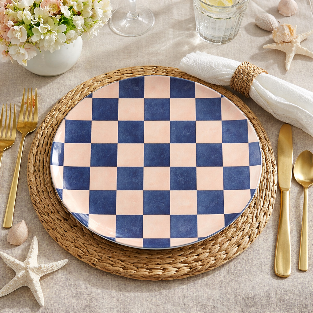 Navy & Peach Oil-Painted Checkerboard 10-Inch Dinner Plate | Bright Modern Coastal Table Decor