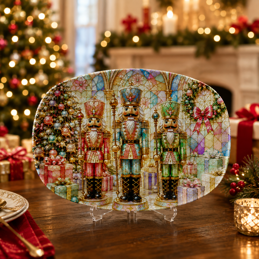 Nutcracker Christmas Stained Glass Illusion Serving Platter | Enchanted Holiday Nutcracker Decorative Platter