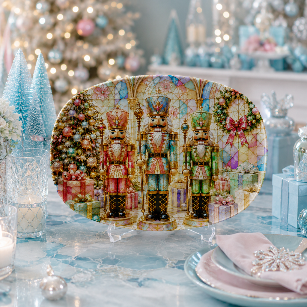 Nutcracker Christmas Stained Glass Illusion Serving Platter | Enchanted Holiday Nutcracker Decorative Platter