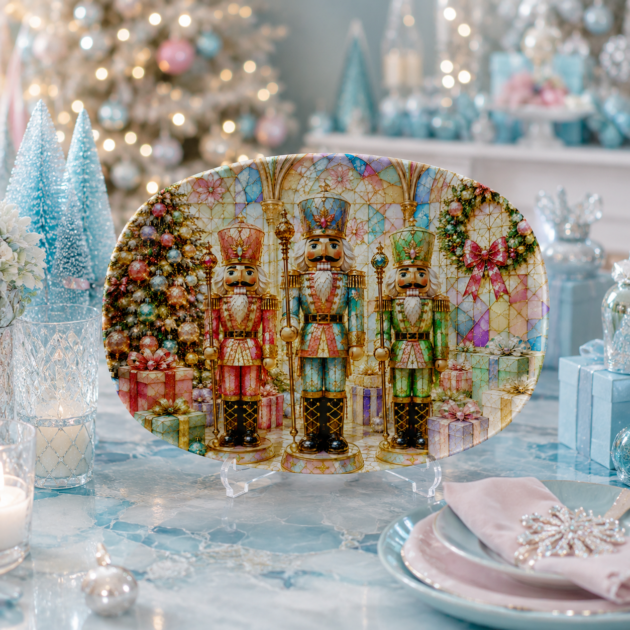 Nutcracker Christmas Stained Glass Illusion Serving Platter | Enchanted Holiday Nutcracker Decorative Platter