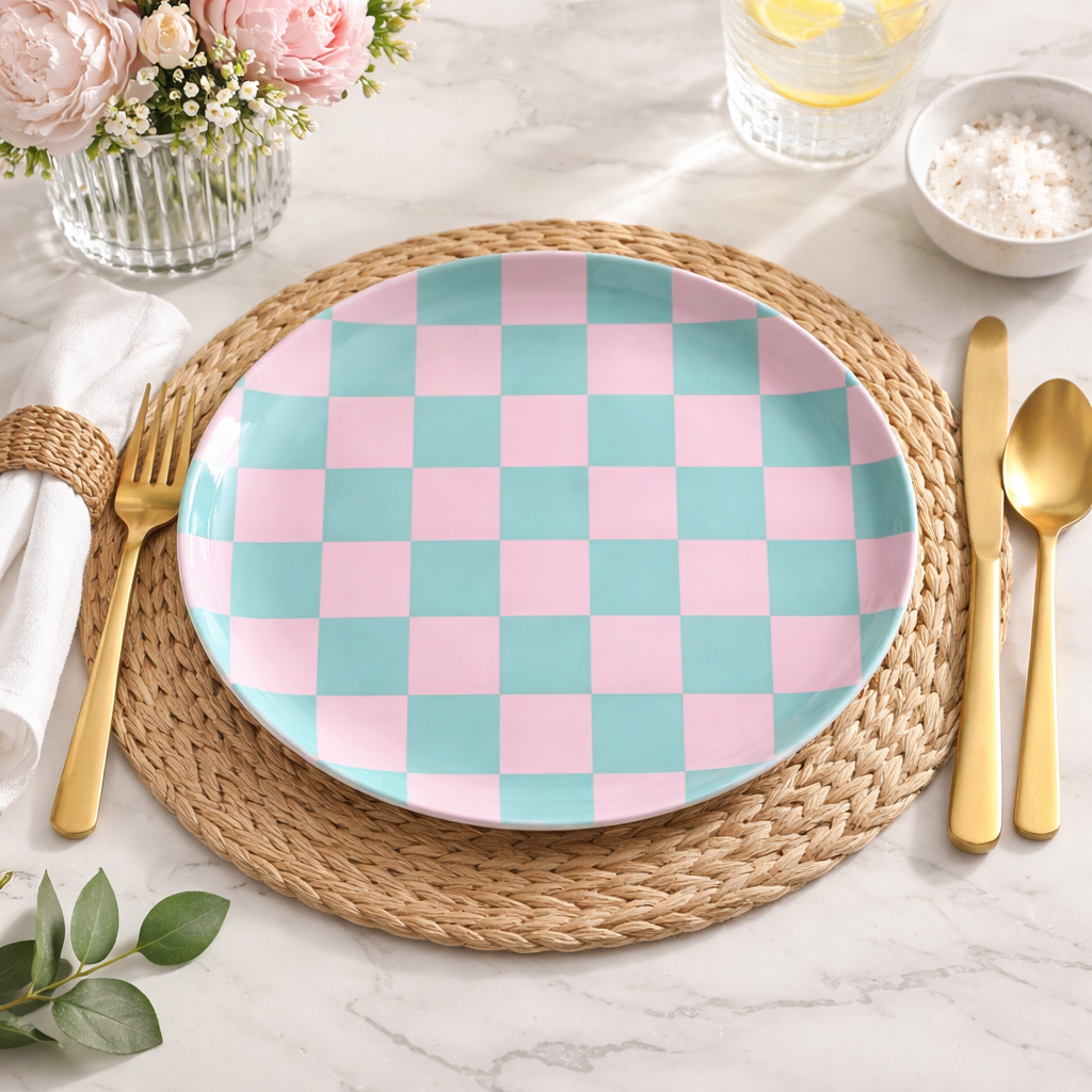 Pink & Turquoise Oil-Painted Illusion Checkerboard 10-Inch Dinner Plate | Bright Modern Table Decor | Unbreakable Lightweight