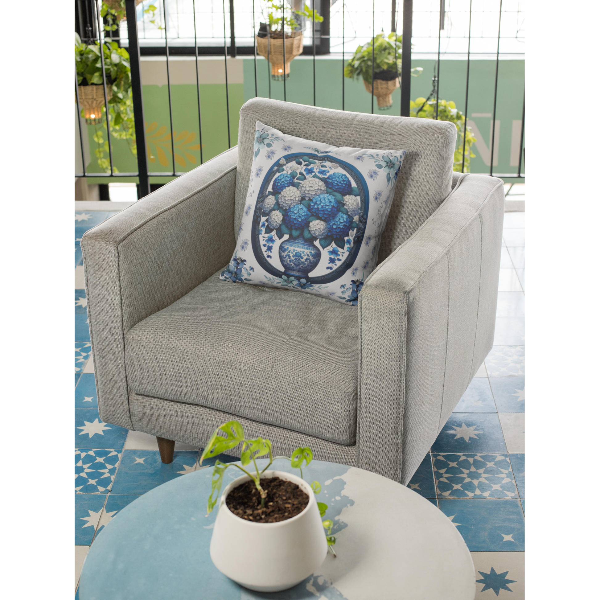 Square Pillow Vintage Chinoiserie Hydrangeas Square Pillow: Elegant Blue White Victorian Frame Ideal for Luxurious Home Decor Comfort for Living Room, Bedroom or Housewarming Gift New House, Bridal Shower Gift.