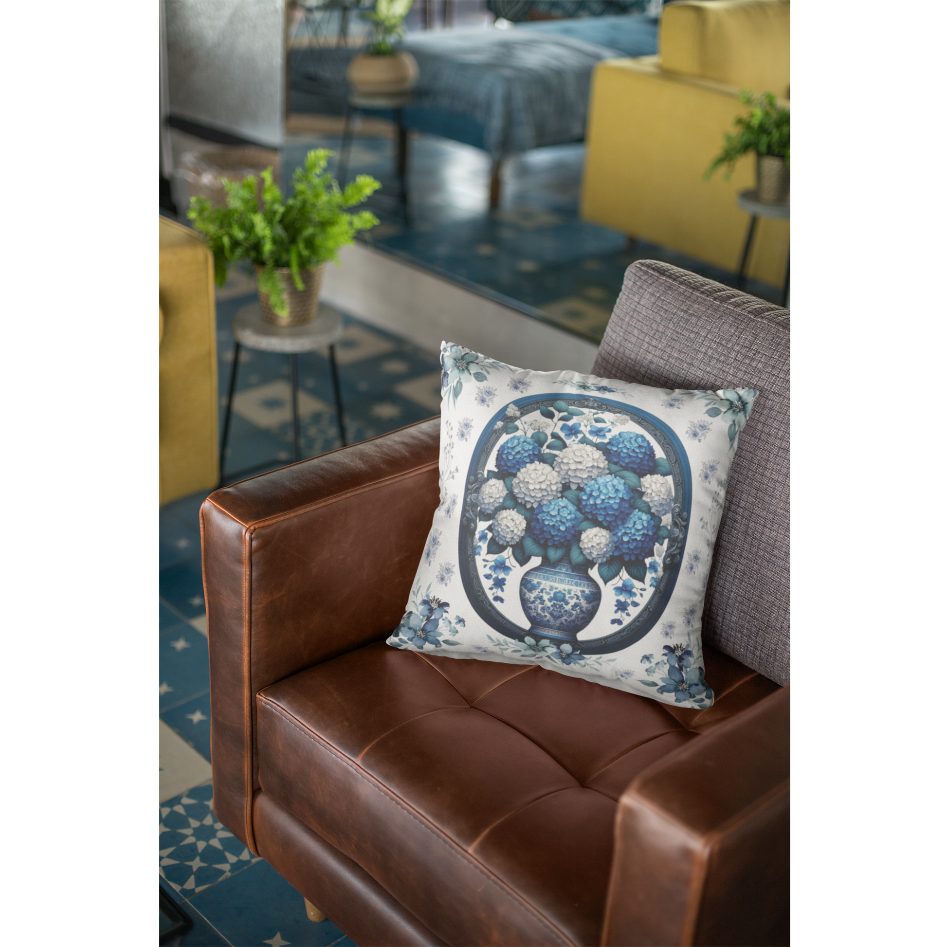 Square Pillow Vintage Chinoiserie Hydrangeas Square Pillow: Elegant Blue White Victorian Frame Ideal for Luxurious Home Decor Comfort for Living Room, Bedroom or Housewarming Gift New House, Bridal Shower Gift.