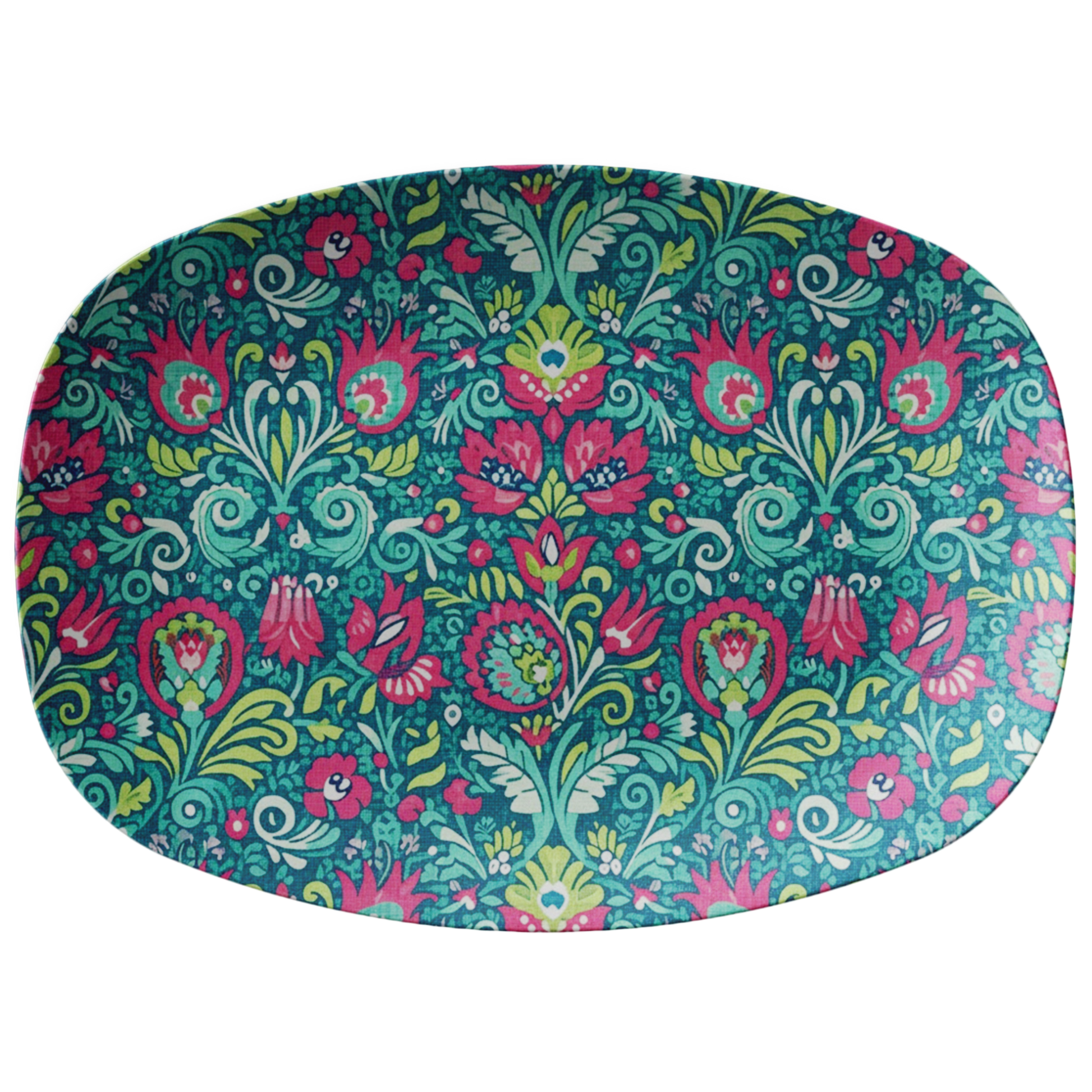 Pink and Green Kashubian Folk Art Polish Platter Handcrafted 10x14 Serving Tray