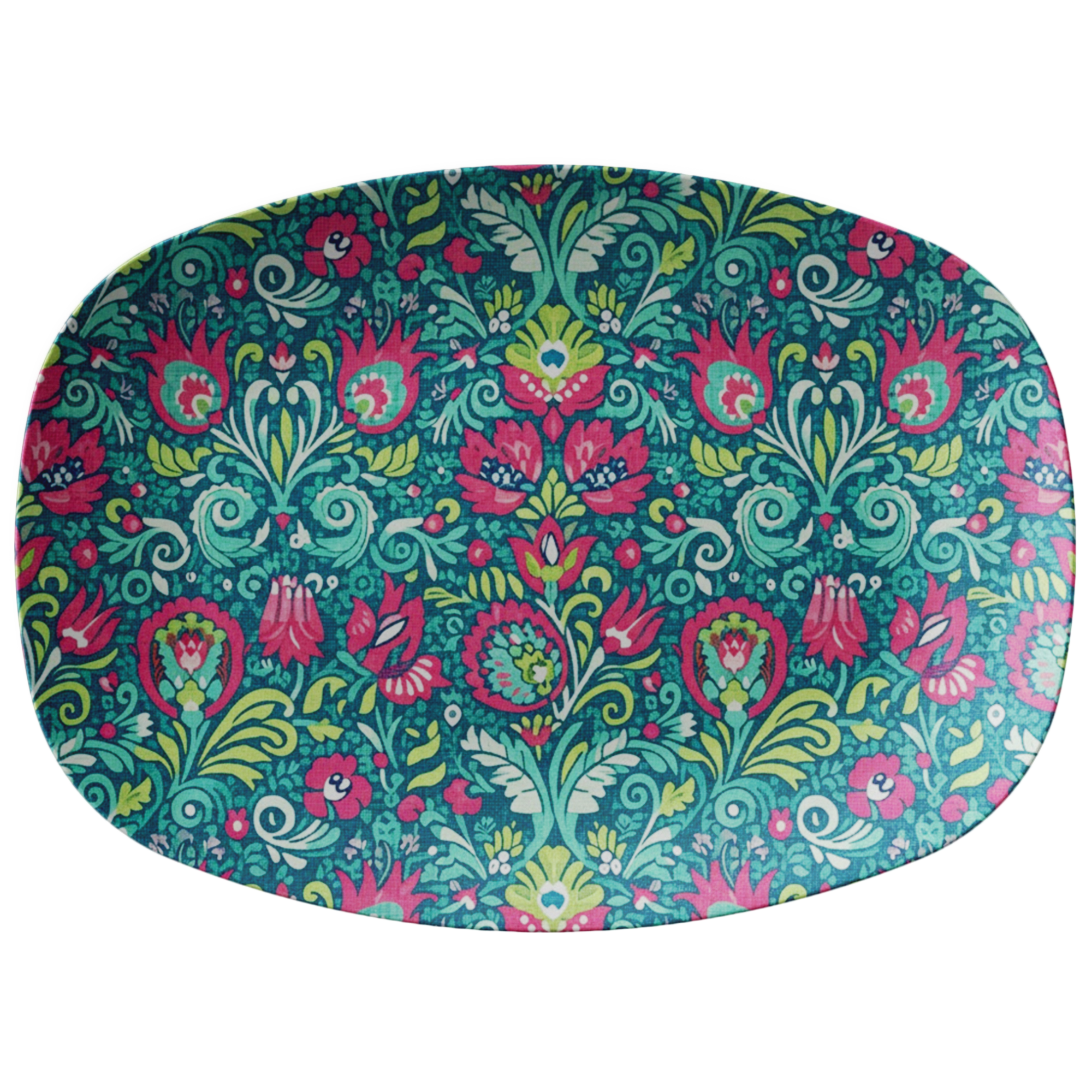 Pink and Green Kashubian Folk Art Polish Platter Handcrafted 10x14 Serving Tray