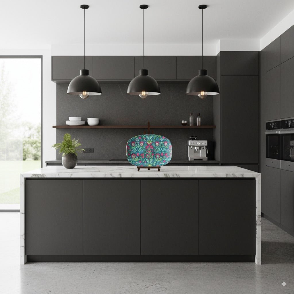 Pink and Green Kashubian Folk Art Polish Platter Handcrafted 10x14 Serving Tray