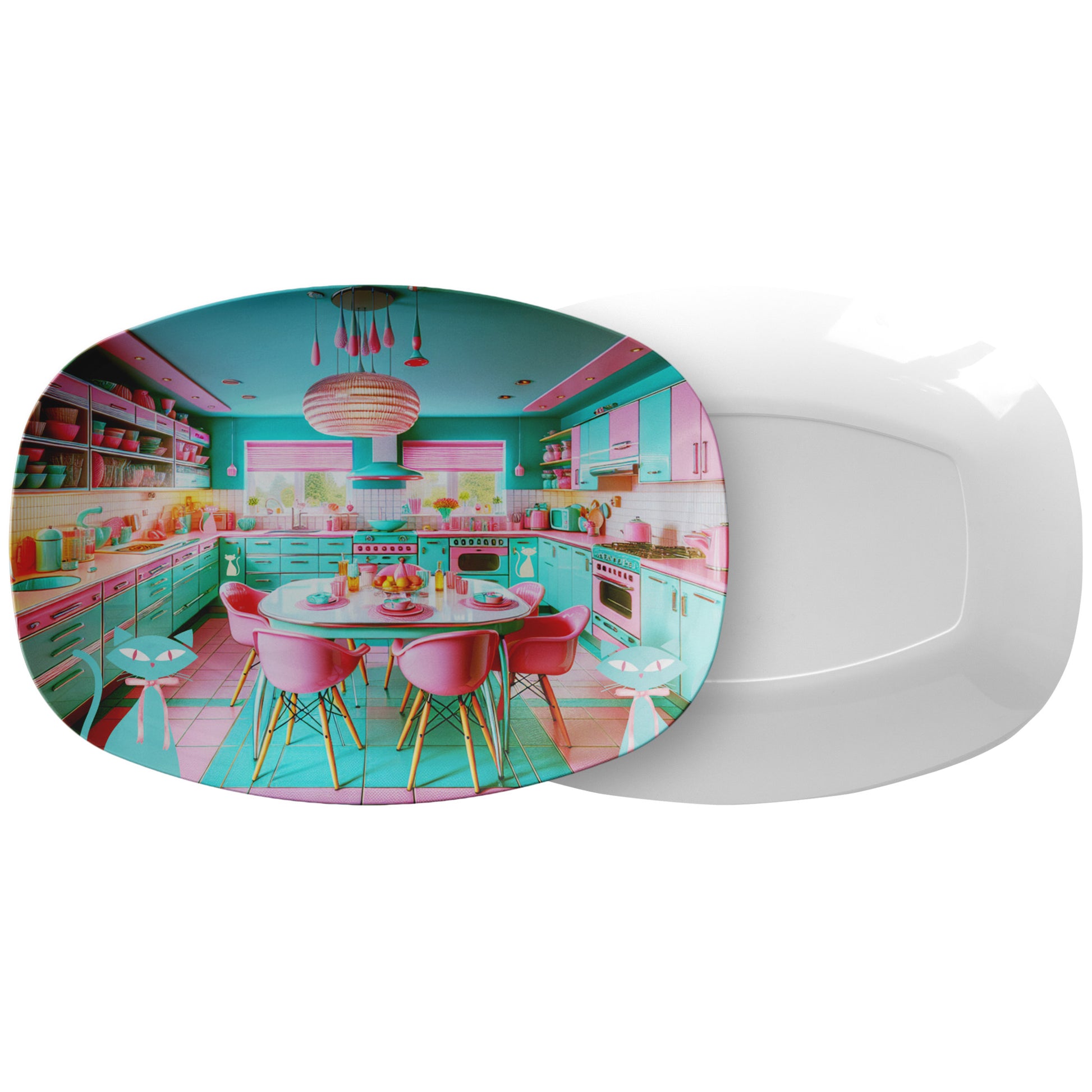 Platter Atomic Kitty Cat, Mid Century Modern 50's Aqua, Pink MCM Kitchen Party Platter - MRSBYVALLE
