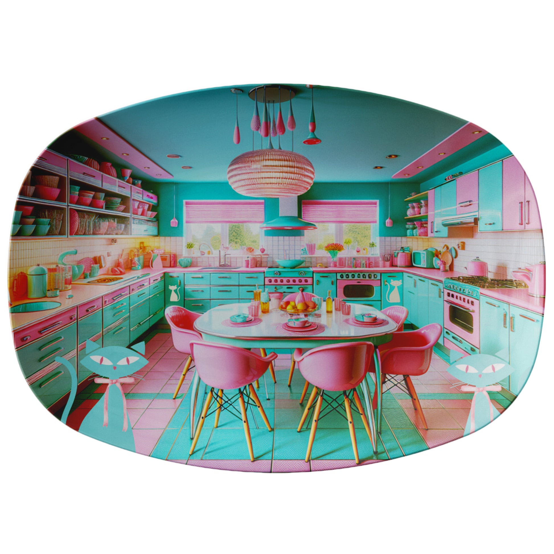 Platter Atomic Kitty Cat, Mid Century Modern 50's Aqua, Pink MCM Kitchen Party Platter - MRSBYVALLE