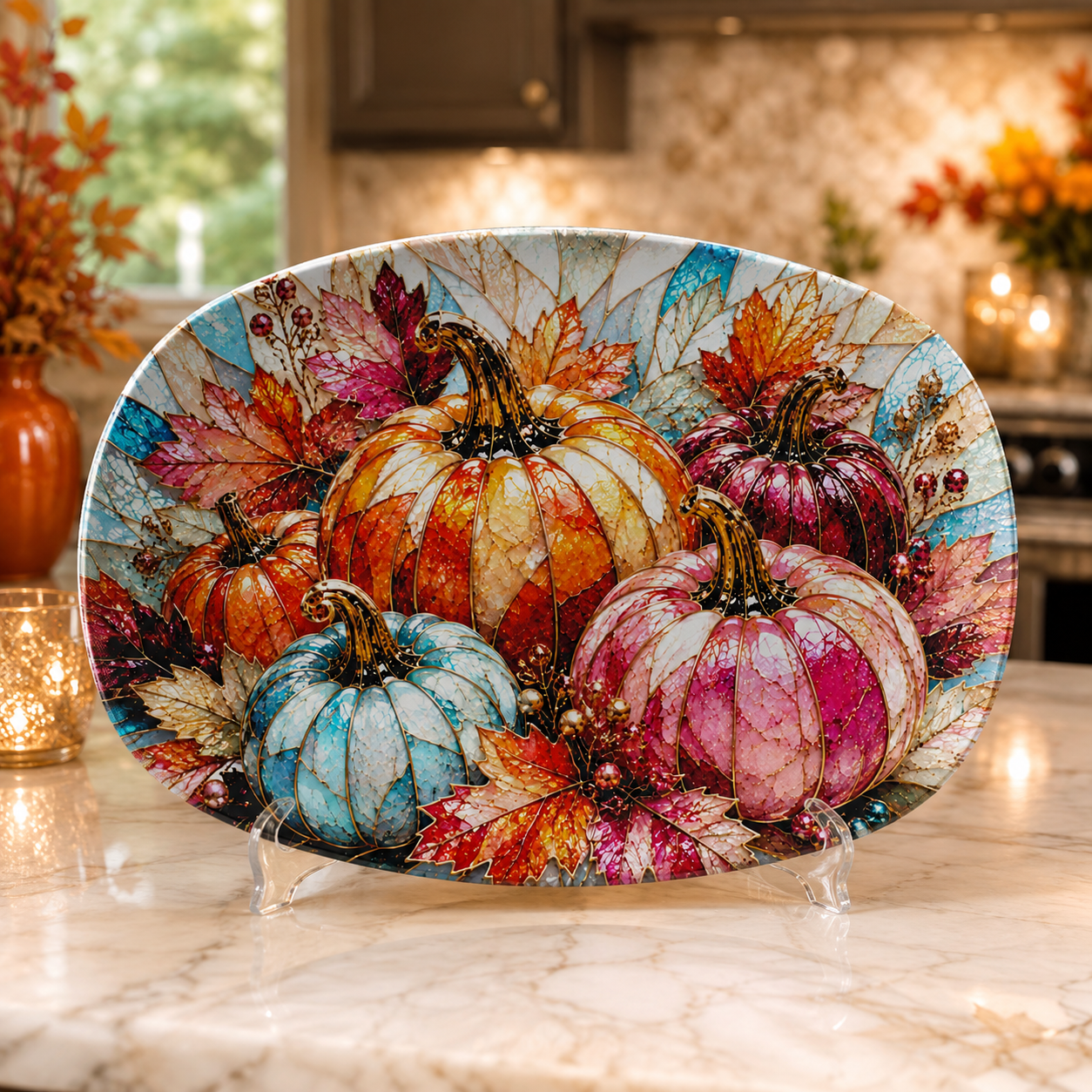 Fall Pumpkin Serving Platter | Stained Glass Autumn Harvest Decor