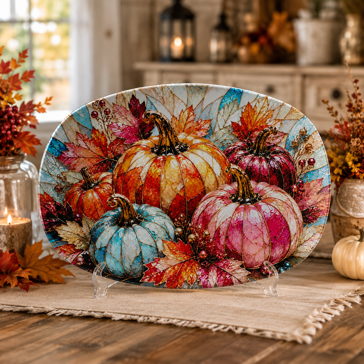 Fall Pumpkin Serving Platter | Stained Glass Autumn Harvest Decor