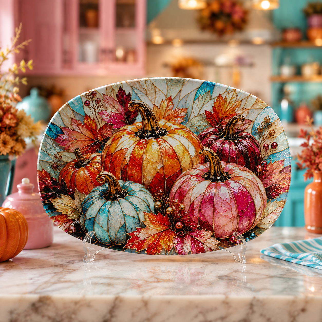 Fall Pumpkin Serving Platter | Stained Glass Autumn Harvest Decor