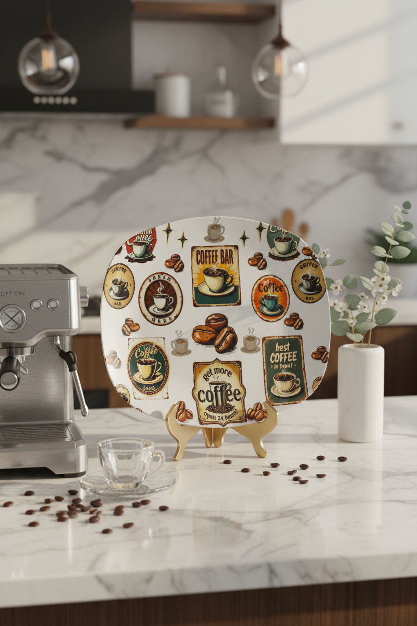 Oval-shaped tray with coffee-themed design featuring cups, beans, and text on a white background.