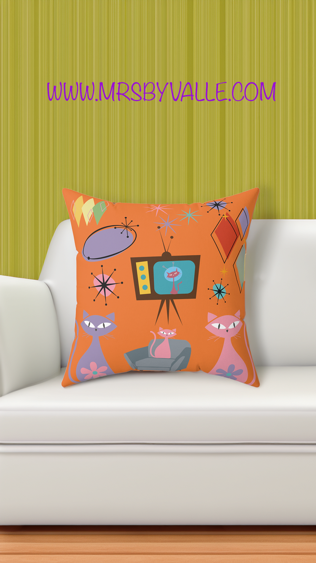 Atomic Cats Square Pillow | Retro Vintage 1950s Throw Pillow with Starburst Design | Mid Century Modern Home Decor for Cat Lovers & Retro Fans Reading Nook