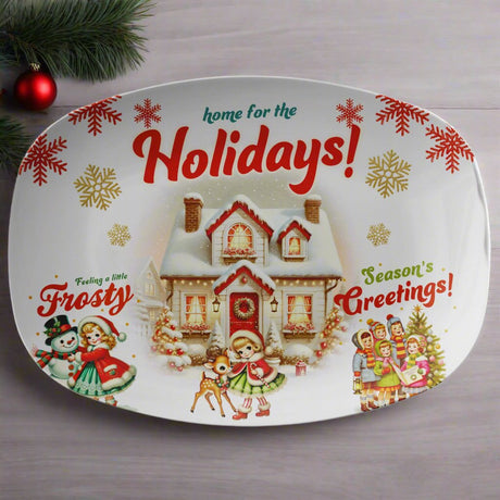 Retro Vintage Christmas 10x14 Platter Perfect for Thanksgiving Christmas, Festive Red Green Design, Durable Dishware, Ideal for Serving Cookies, Appetizers, Holiday Treats - MRSBYVALLE
