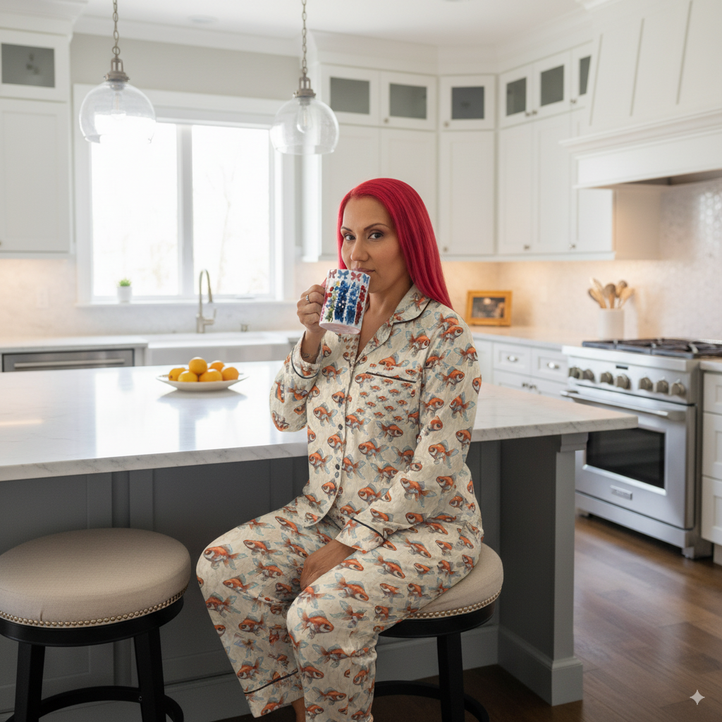 Woman in floral pajamas sitting in a kitchen holding a mug.