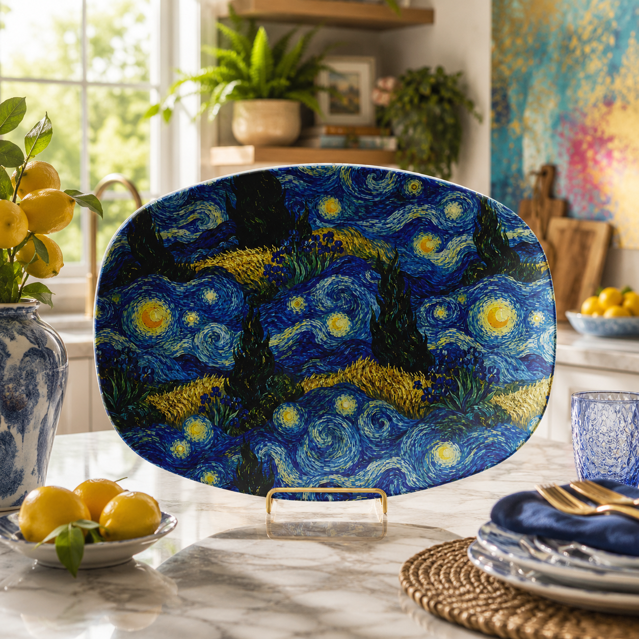 Van Gogh Inspired Serving Platter 10x14 Gift Home Decor Impressionist Art Lightweight Polymer