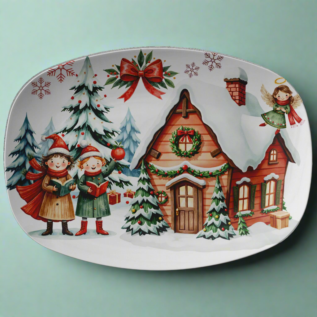 Decorative plate with Christmas scene featuring a house, trees, and children singing carols.