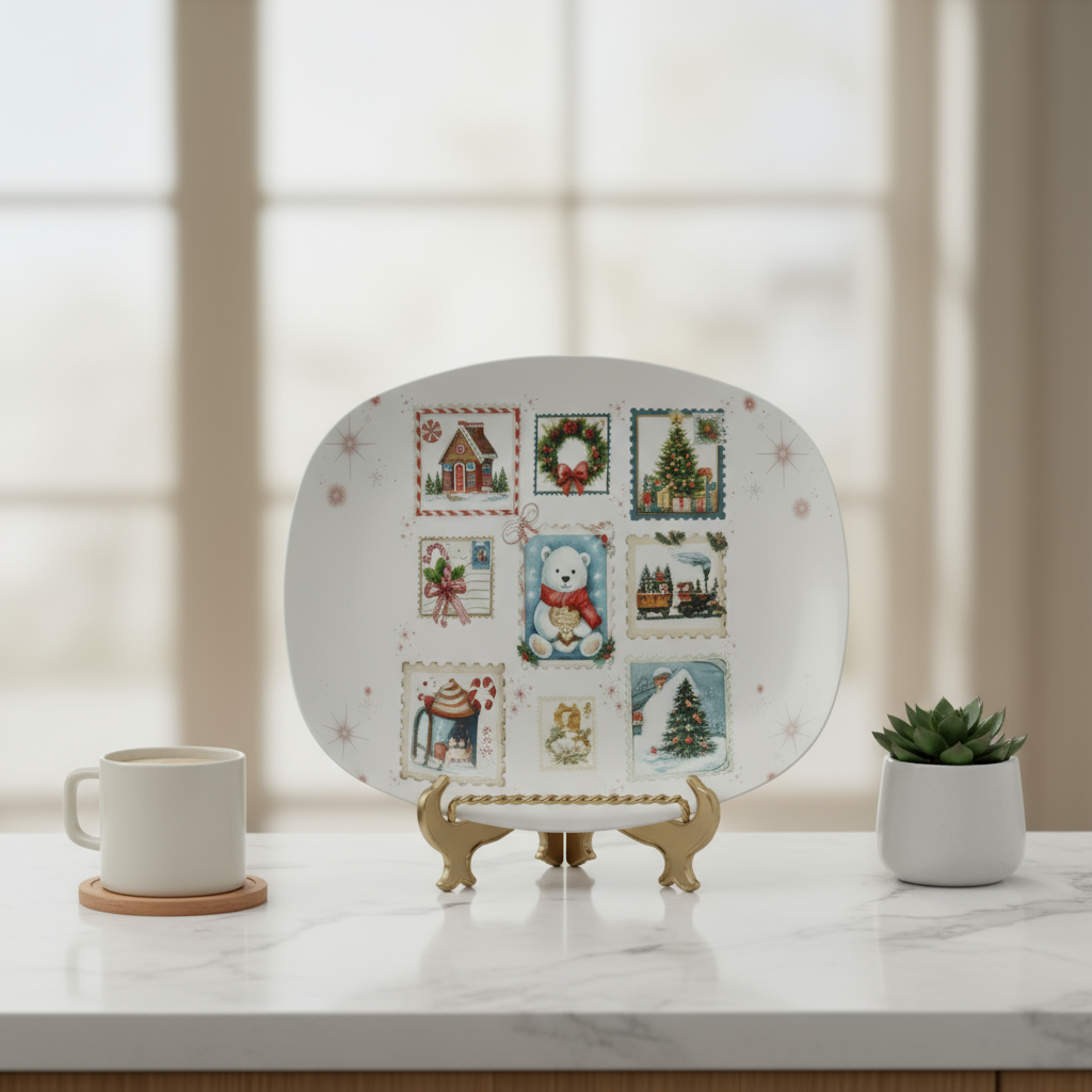 Decorative plate with Christmas-themed illustrations on a white background