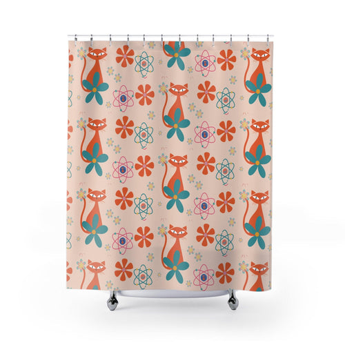 Atomic Pink Cat Retro Shower Curtain Vintage Elegance for Your Bathroom 71x74, Modern Bathroom Decor Bathroom Decor Housewarming New House Gift Newlywed - MRSBYVALLE